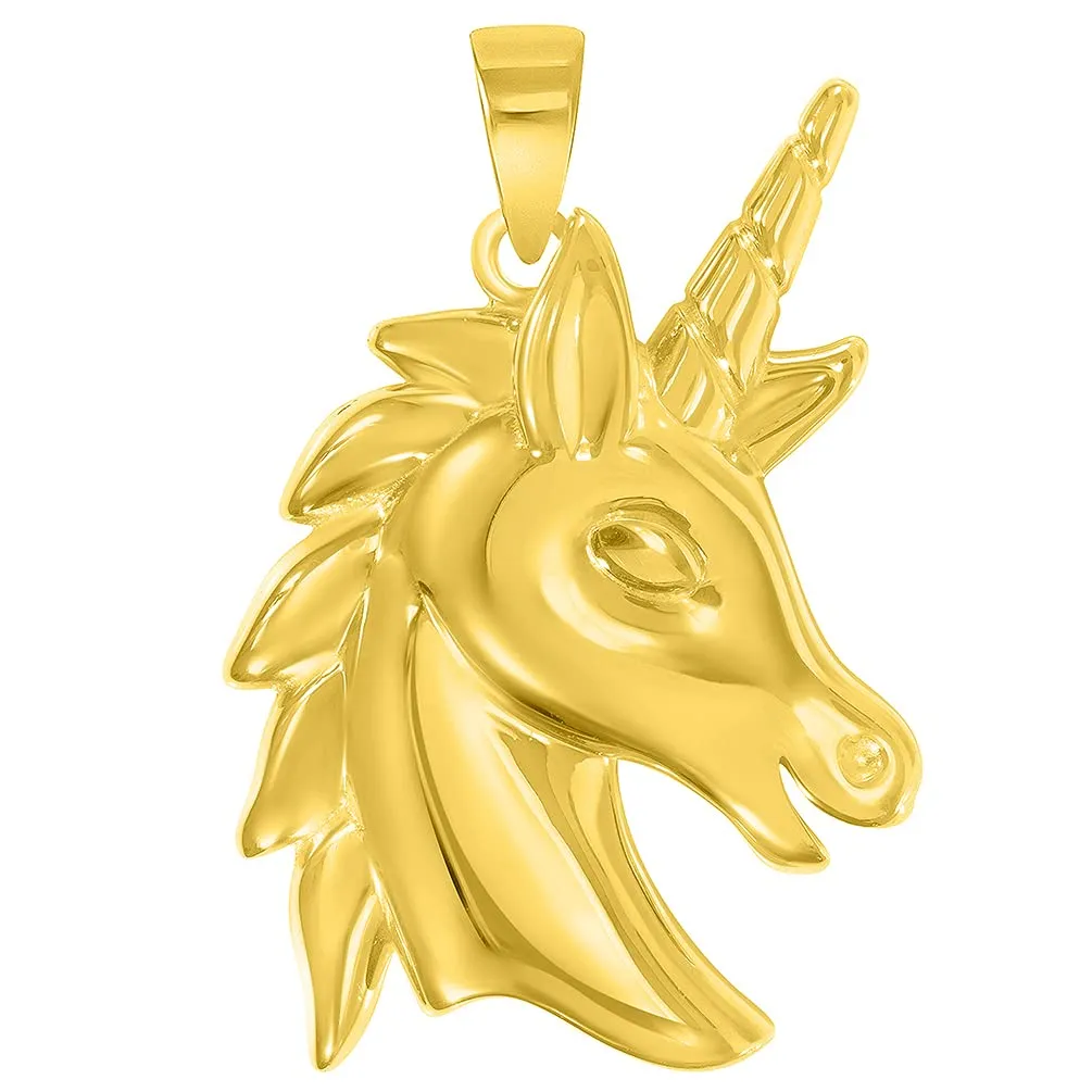 14k Yellow Gold Unicorn Horse Head Mythical Animal Pendant with Cuban Curb Chain Necklace