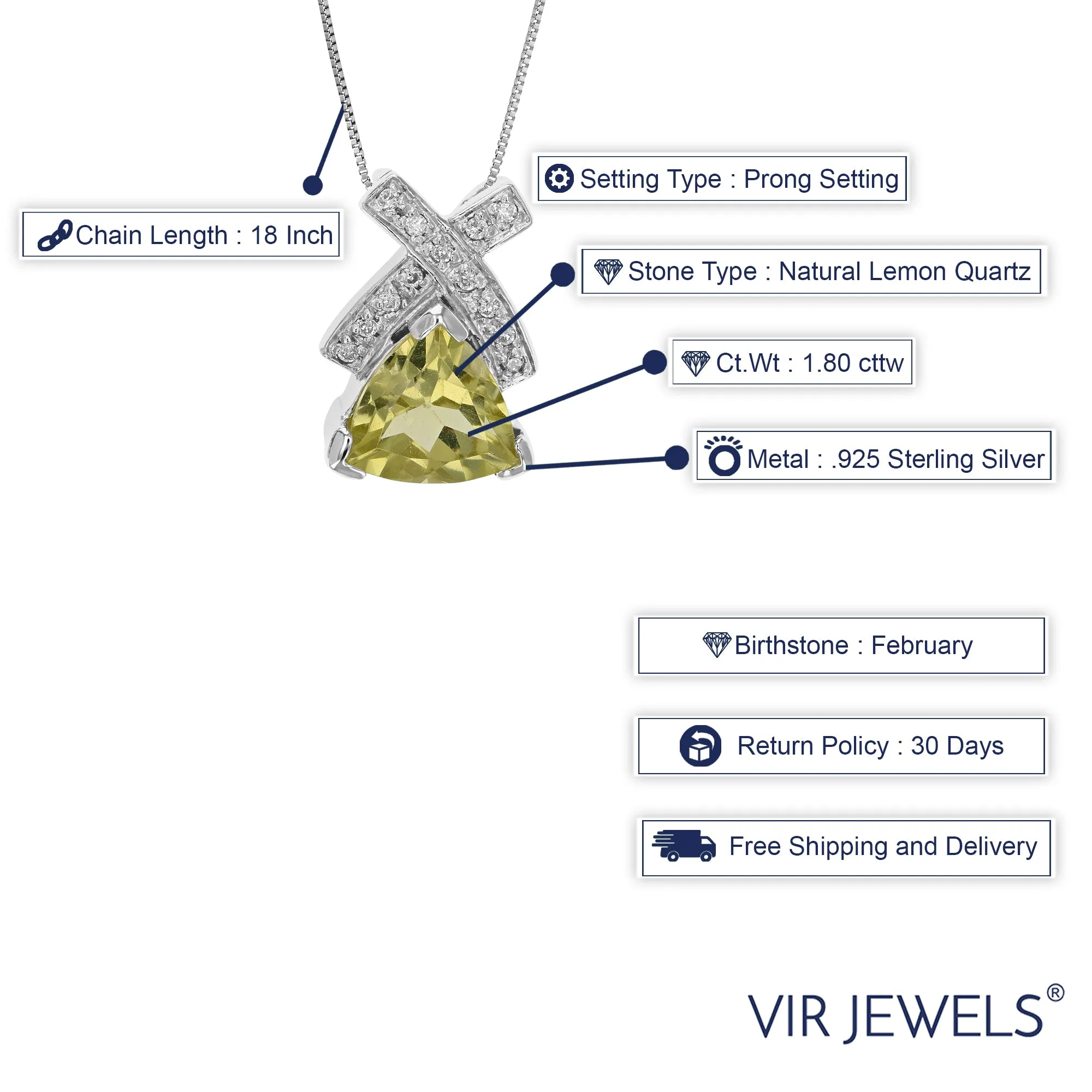 1.80 cttw Pendant Necklace, Lemon Quartz Trillion Shape Pendant Necklace for Women in .925 Sterling Silver with Rhodium, 18 Inch Chain, Prong Setting