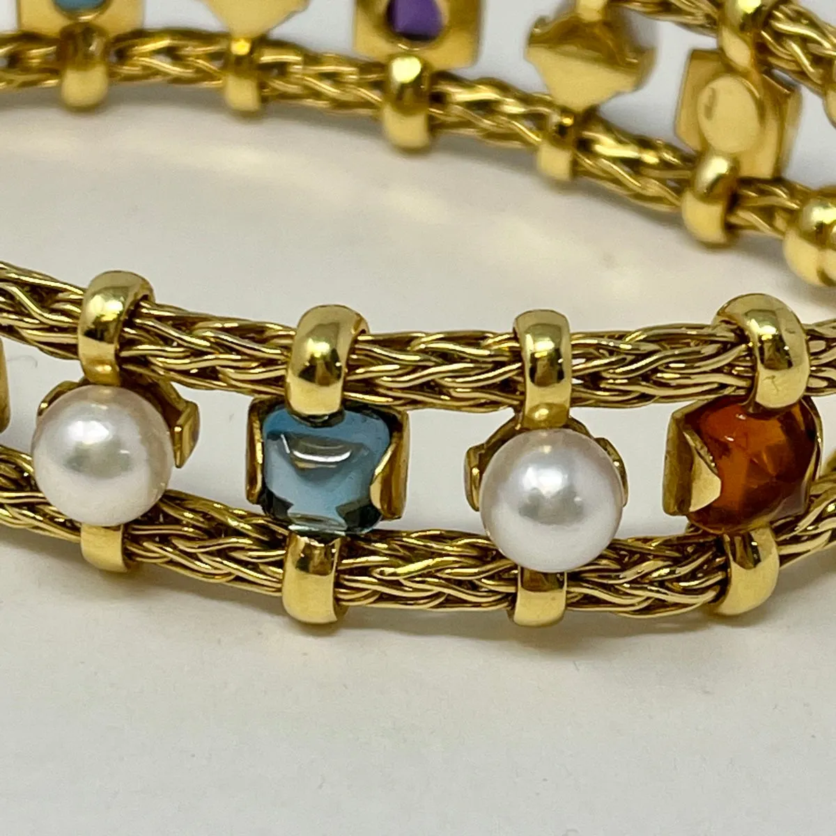 18K Gold Bracelet with Cultured Pearls, Topaz, Amethyst and Iolite