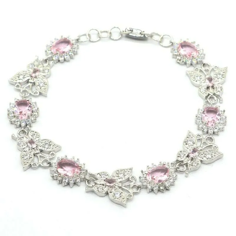 18k White Gold Plated Pink Kunzite Butterfly Tennis Bracelet