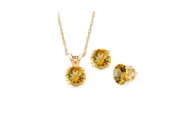 18K Yellow Gold 2ct Citrine Round 18 Inch Necklace and Earrings Set Plated