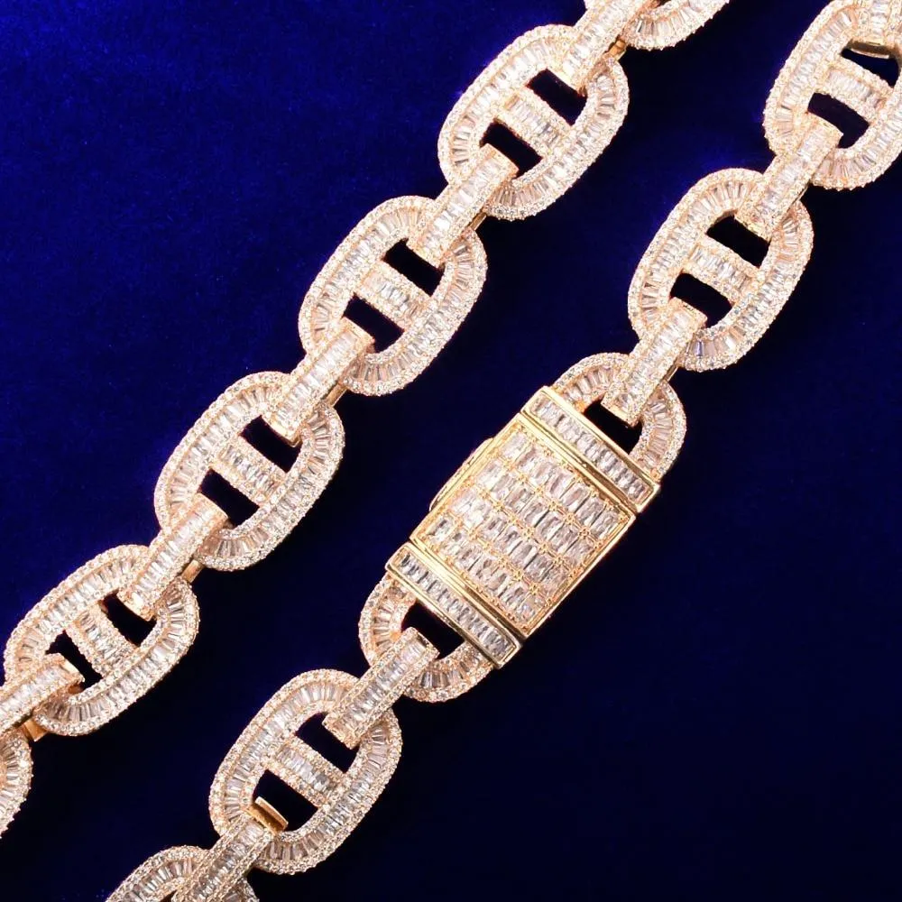 18mm Baguette Zirconia Cuban Chain Necklace Link Gold Color Copper Bling