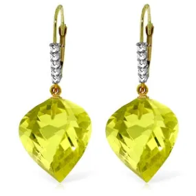 21.65 Carat 14K Solid Yellow Gold Leverback Earrings Diamond Briolette Quartz