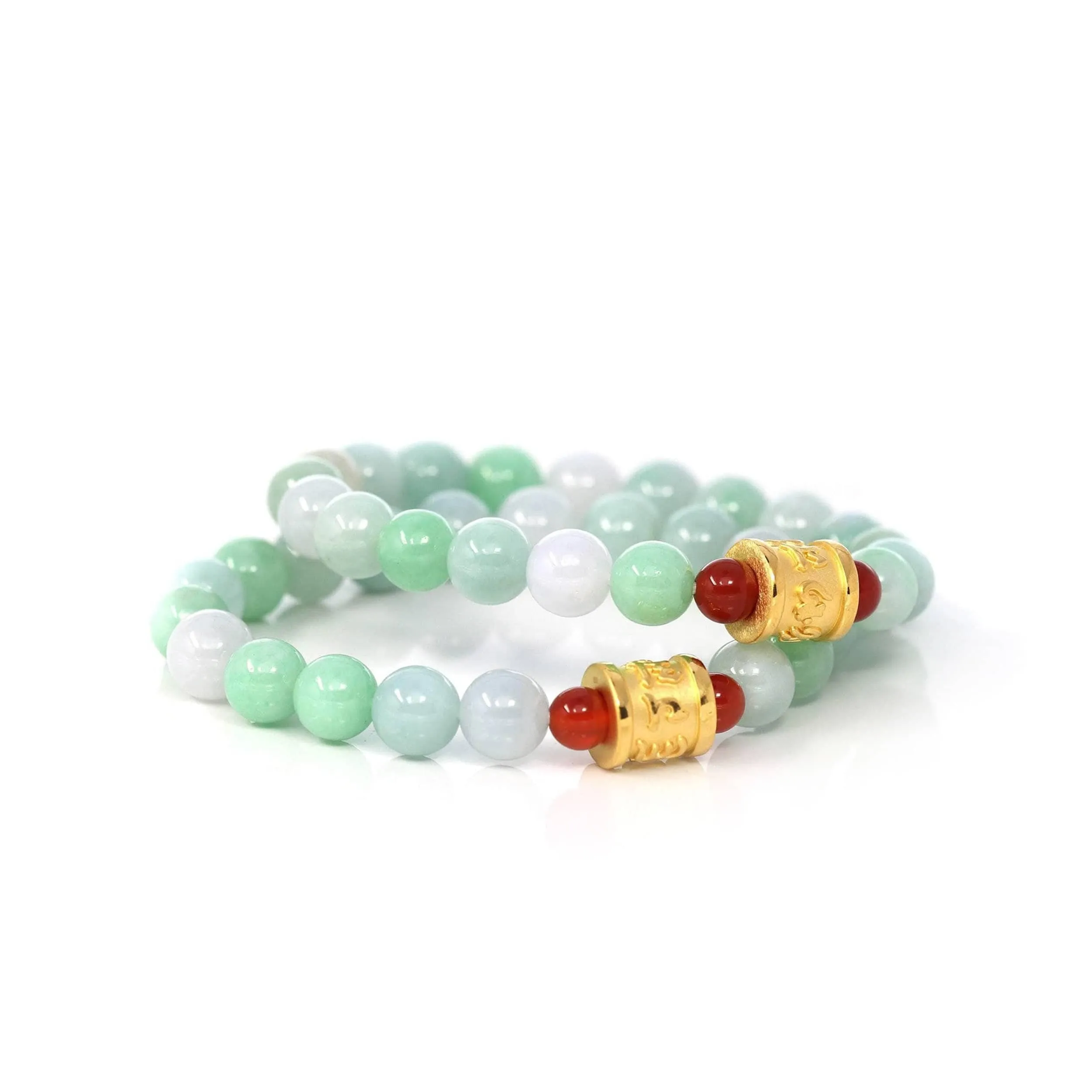 24K Pure Yellow Gold Buddha Symbol Tongtong With Genuine Green Jadeite Beads Bracelet ( 9 mm )