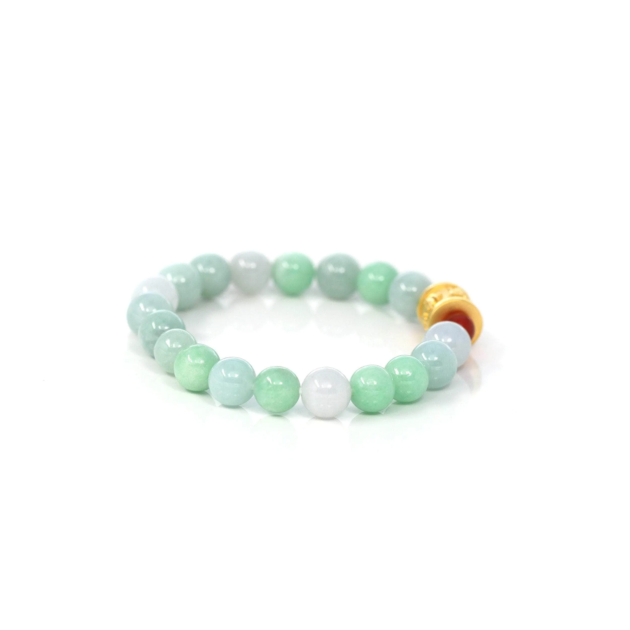 24K Pure Yellow Gold Buddha Symbol Tongtong With Genuine Green Jadeite Beads Bracelet ( 9 mm )