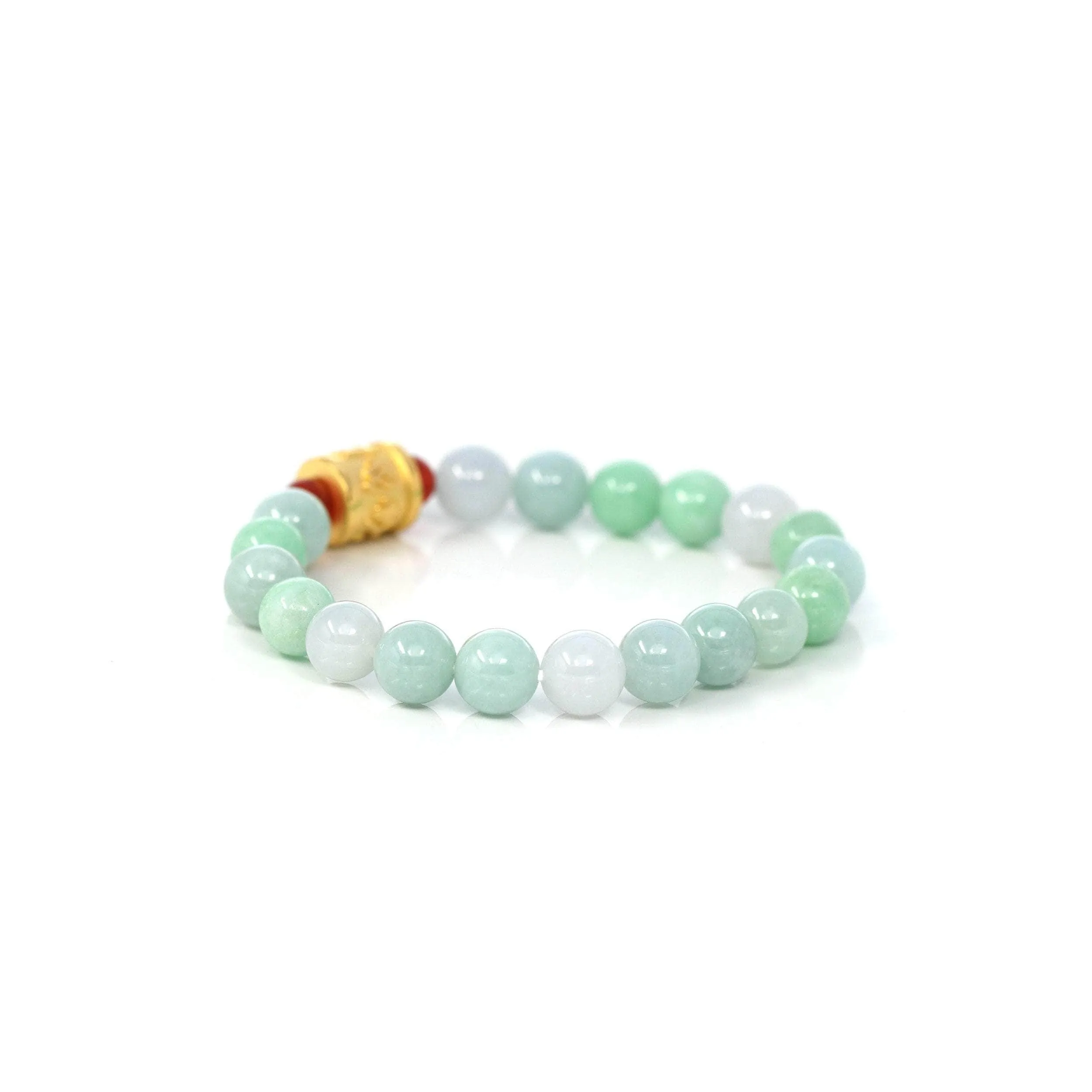 24K Pure Yellow Gold Buddha Symbol Tongtong With Genuine Green Jadeite Beads Bracelet ( 9 mm )