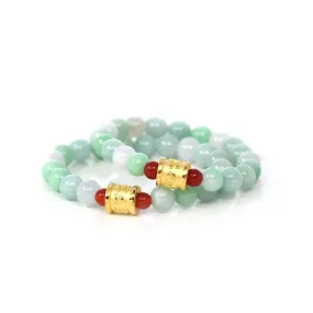 24K Pure Yellow Gold Buddha Symbol Tongtong With Genuine Green Jadeite Beads Bracelet ( 9 mm )