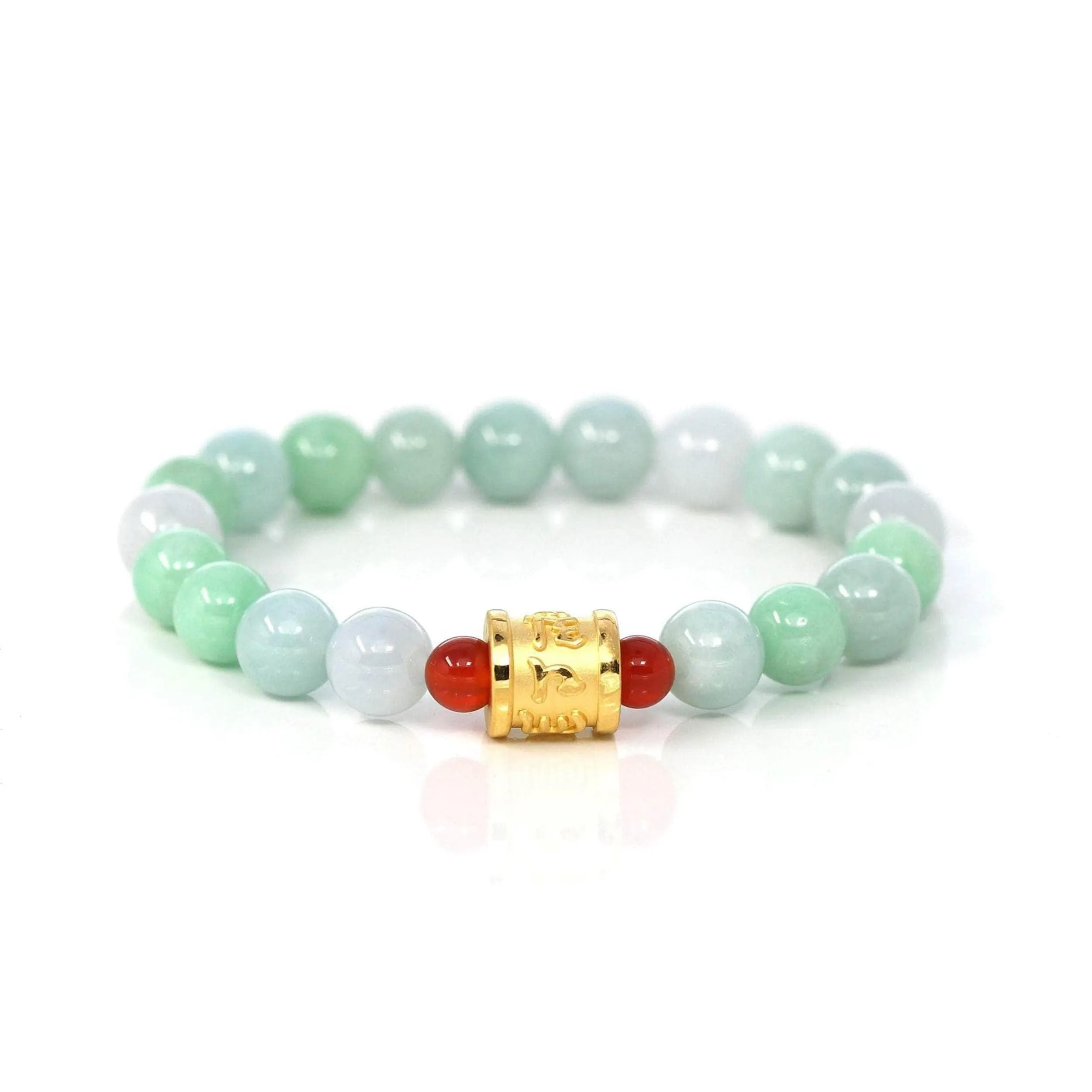 24K Pure Yellow Gold Buddha Symbol Tongtong With Genuine Green Jadeite Beads Bracelet ( 9 mm )