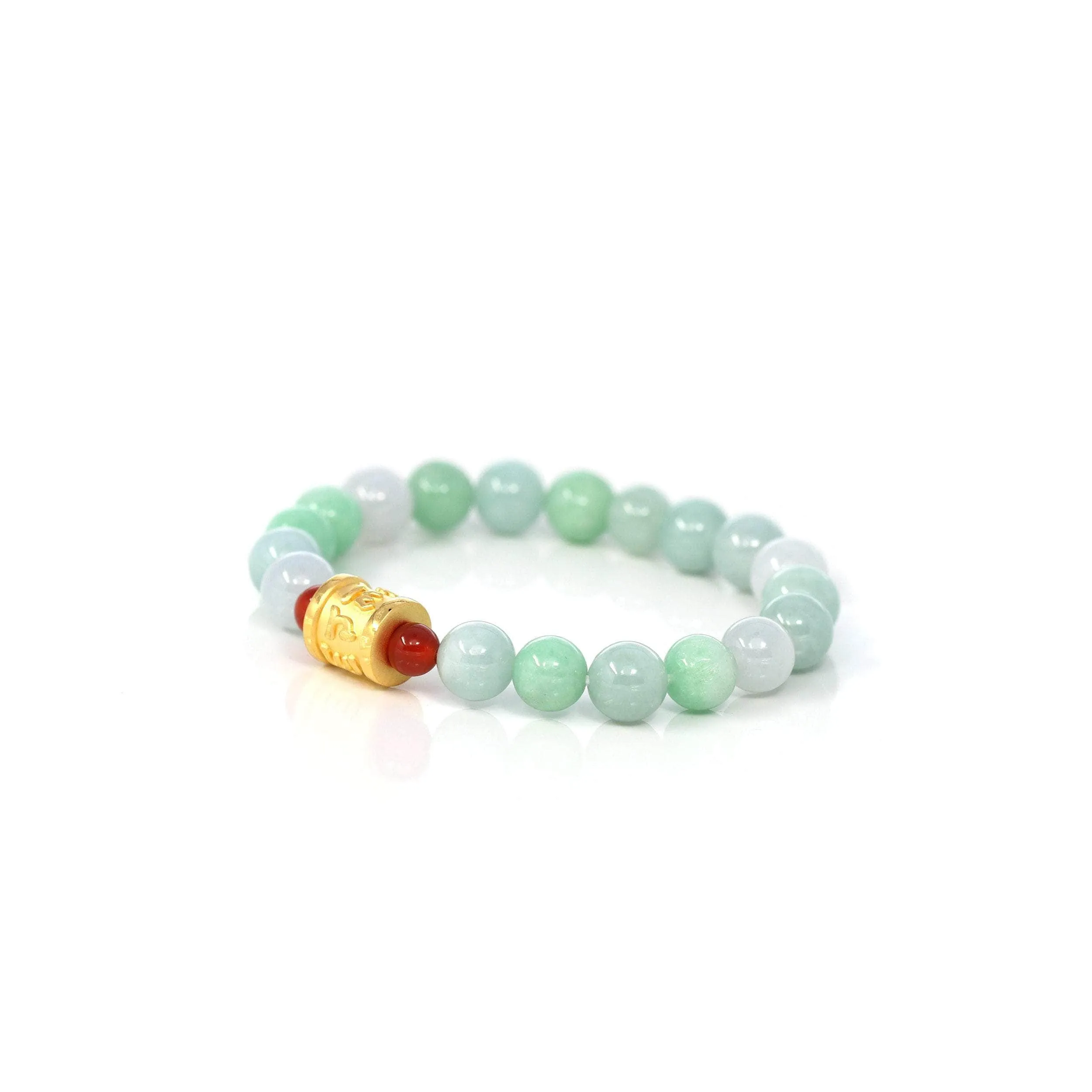 24K Pure Yellow Gold Buddha Symbol Tongtong With Genuine Green Jadeite Beads Bracelet ( 9 mm )