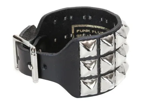 3 Row Black Leather Pyramid Stud Wristband