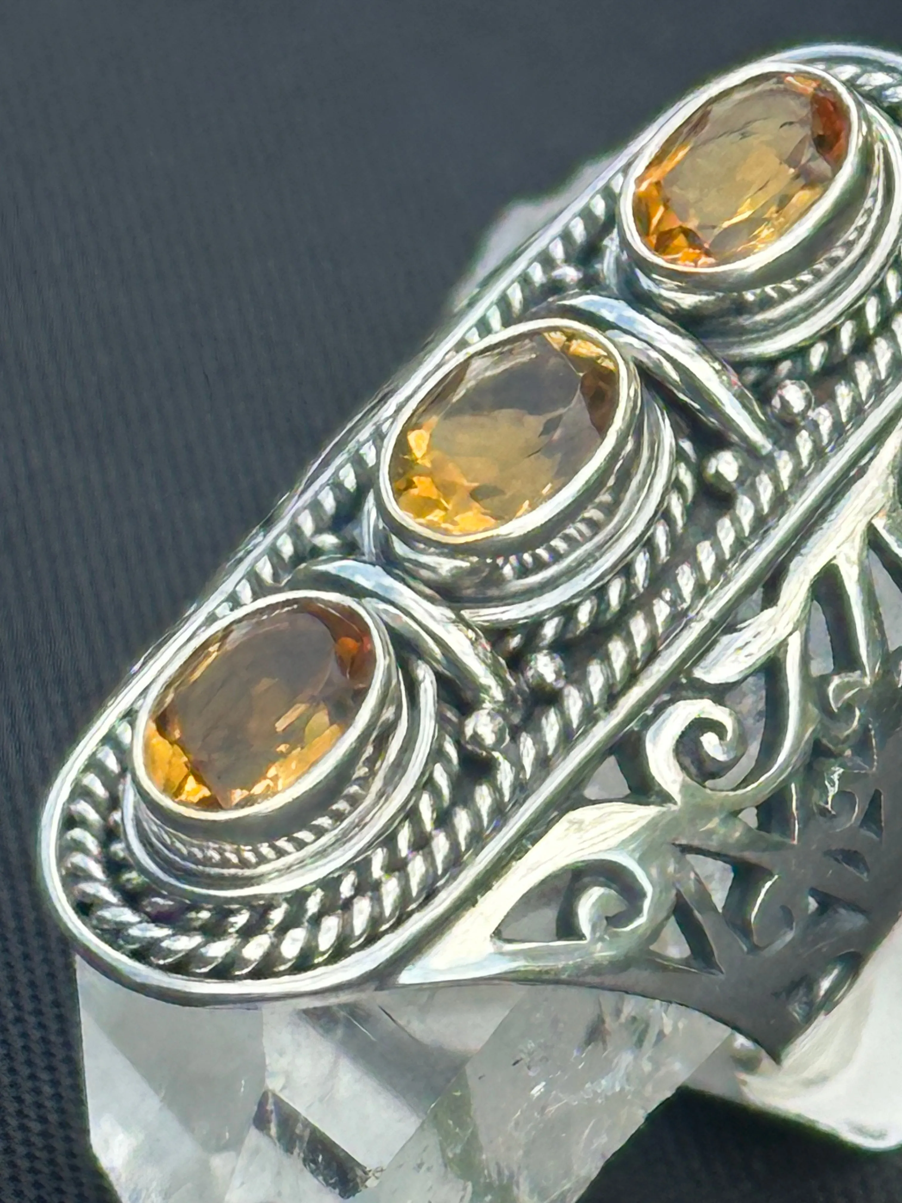 3 Stone Citrine Ring Silver November Birthstone Jewelry