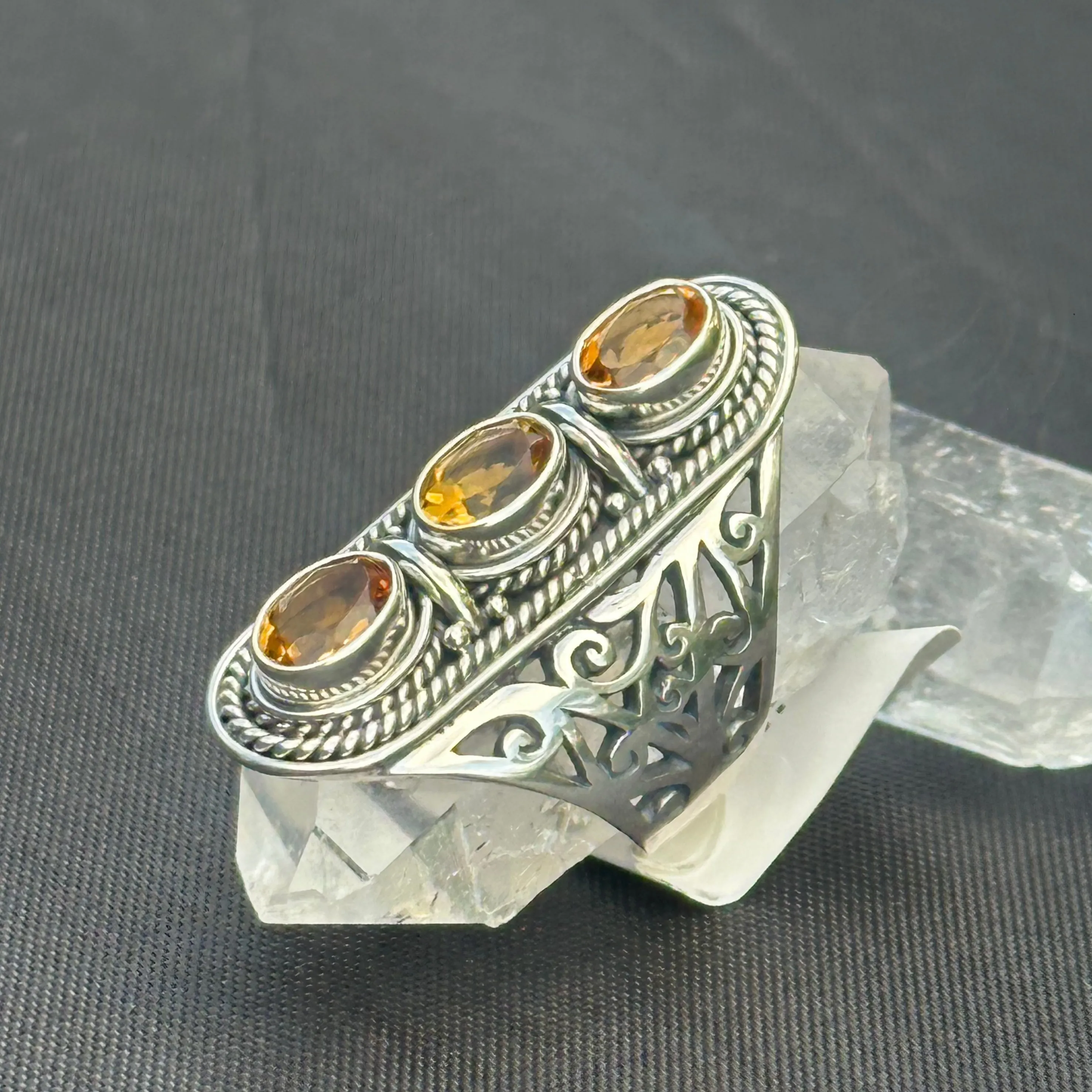 3 Stone Citrine Ring Silver November Birthstone Jewelry