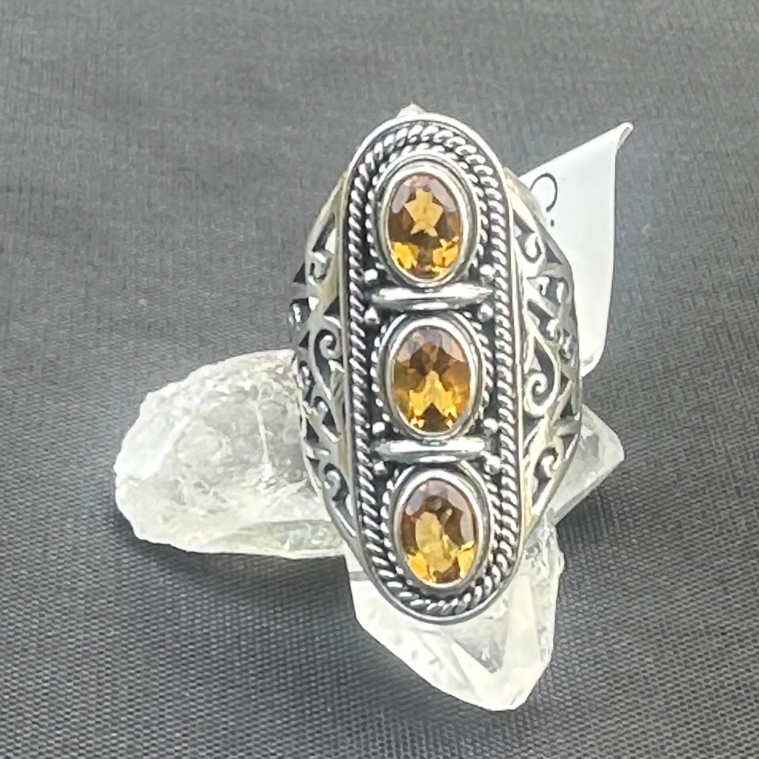 3 Stone Citrine Ring Silver November Birthstone Jewelry