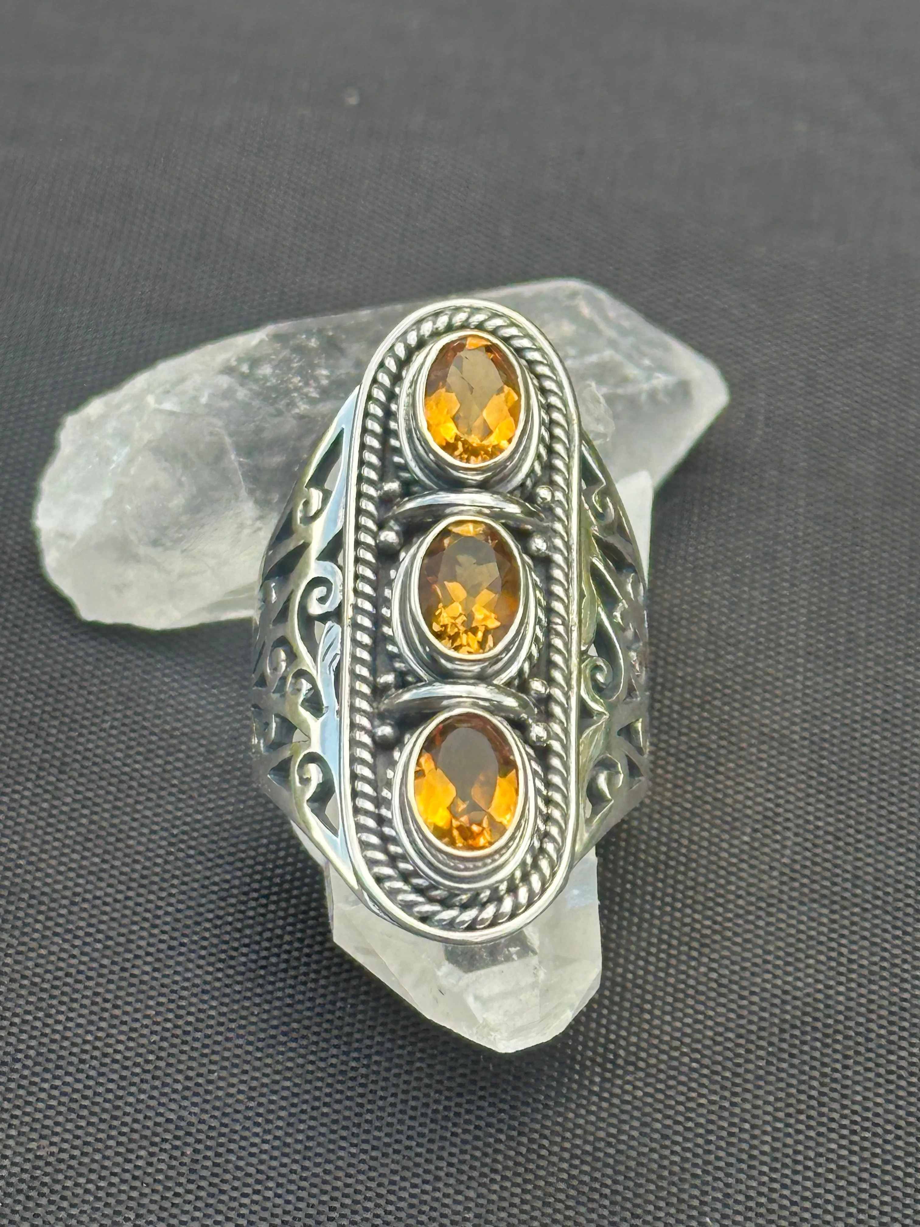 3 Stone Citrine Ring Silver November Birthstone Jewelry