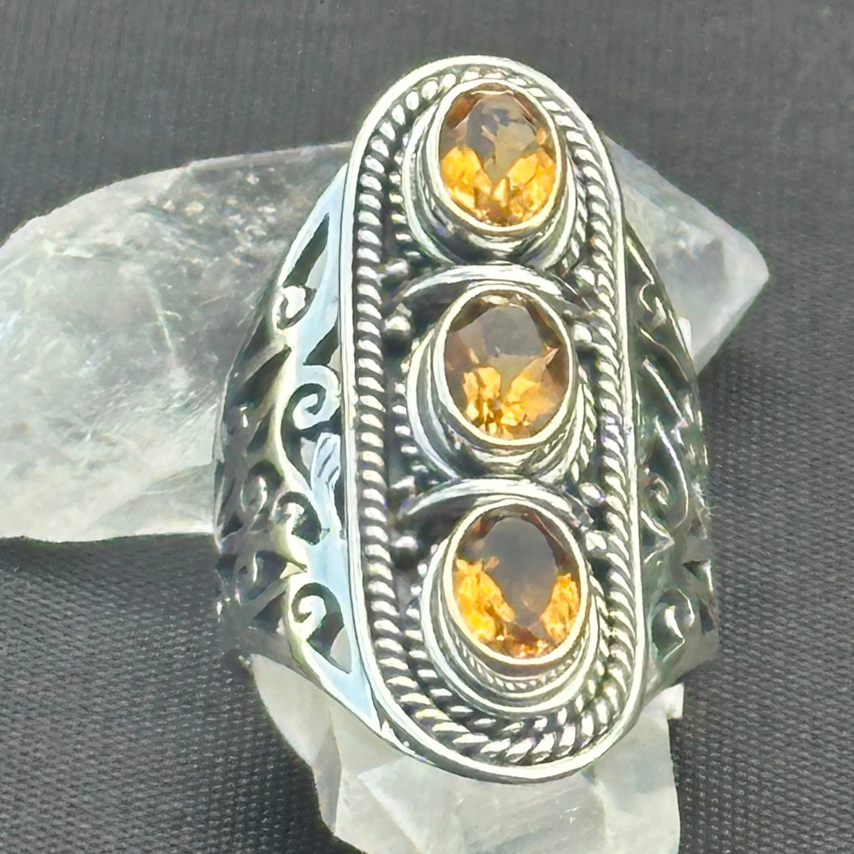 3 Stone Citrine Ring Silver November Birthstone Jewelry