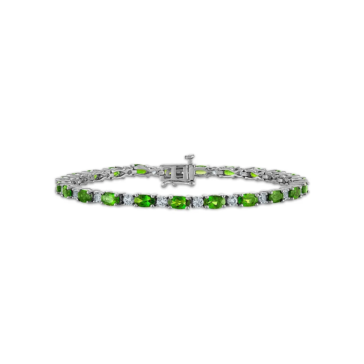 5X3MM Oval Chrome Diopside and Topaz 7-inch Tennis Bracelet in Rhodium Plated Sterling Silver