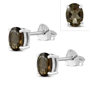 5x7mm Oval Prong-Set Smoky Quartz Brown Stone Sterling Silver Stud Earrings