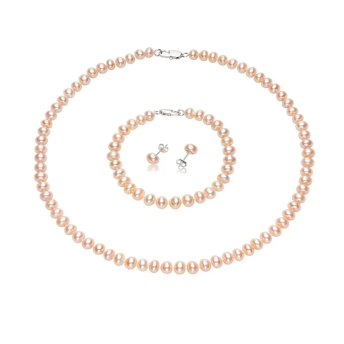 7mm A Grade Pink Freshwater Pearl Necklace, Bracelet and Earrings set for Women