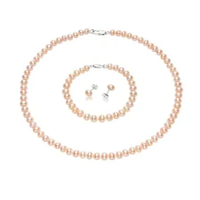 7mm A Grade Pink Freshwater Pearl Necklace, Bracelet and Earrings set for Women