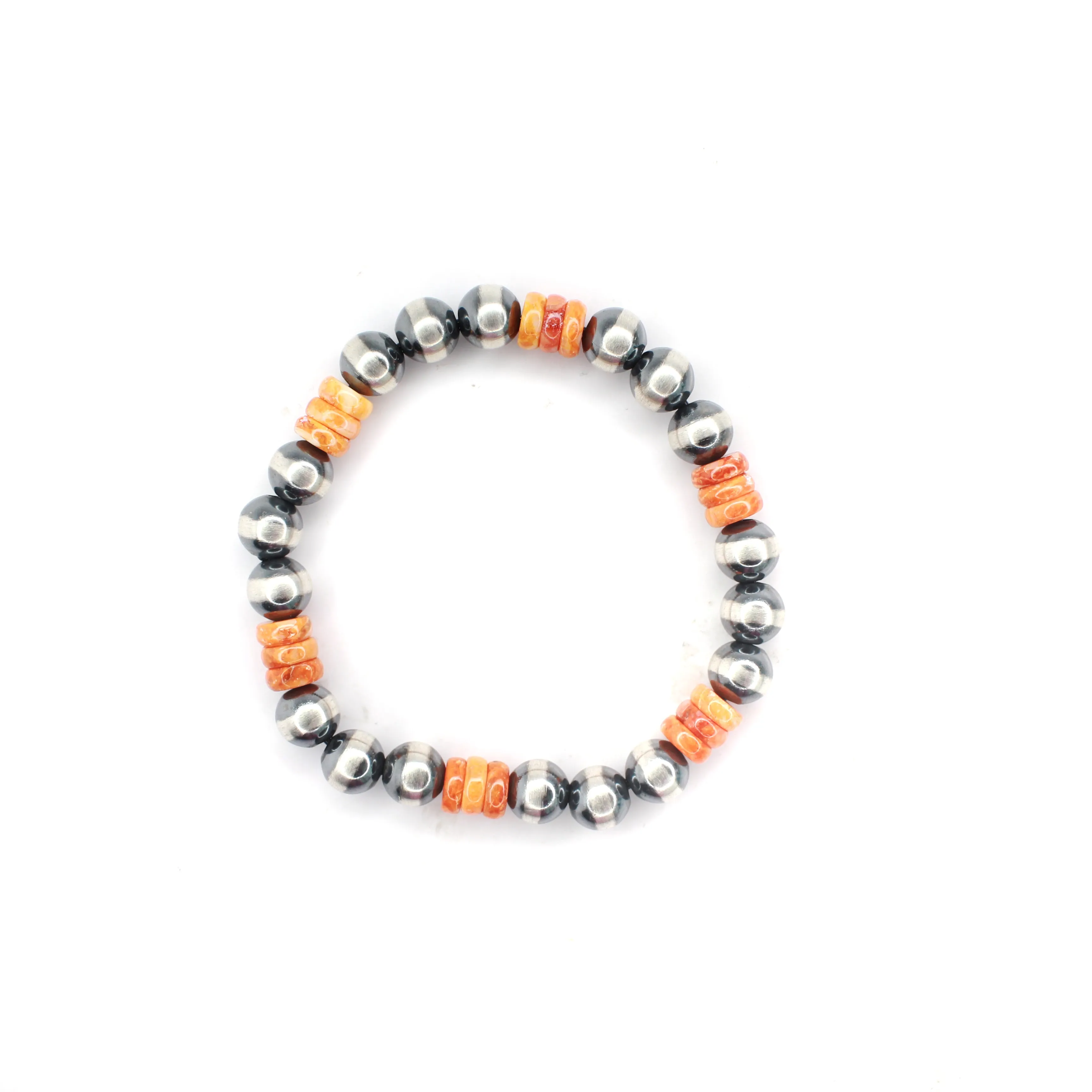 7mm Navajo Pearl Stretch Bracelet - Orange Spiny Oyster