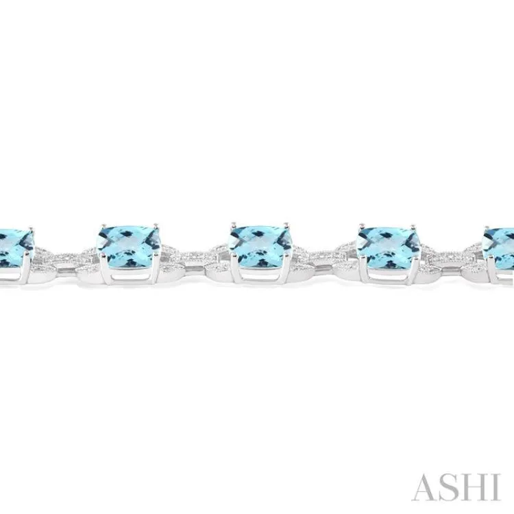 7x7 mm Cushion Cut Blue Topaz and 1/20 Ctw Round Cut Diamond Fashion Bracelet in Sterling Silver