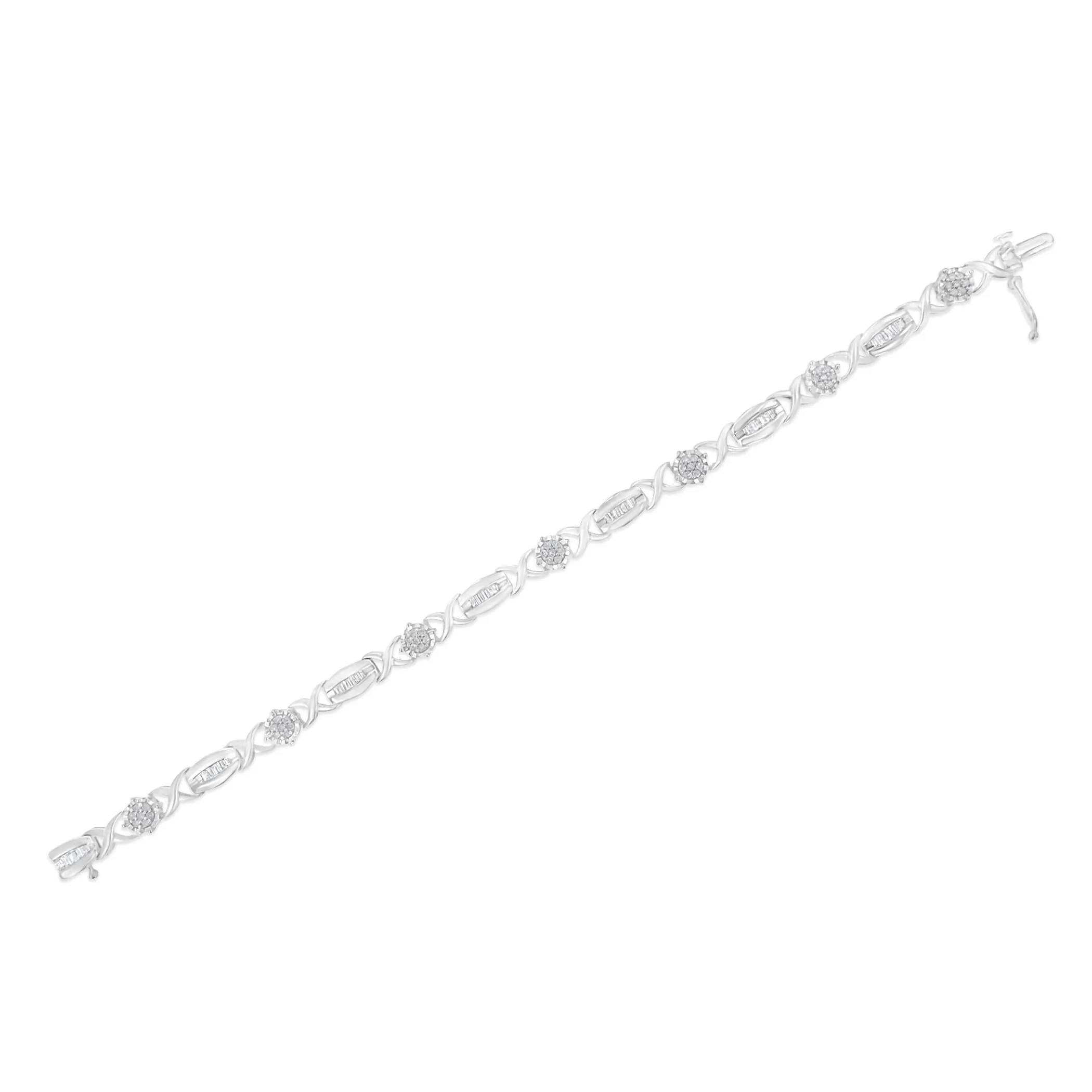 .925 Sterling Silver 1.0 Cttw Round-Cut and Baguette-Cut Diamond X-Link Bracelet (I-J Color, I1-I2 Clarity) - 7"