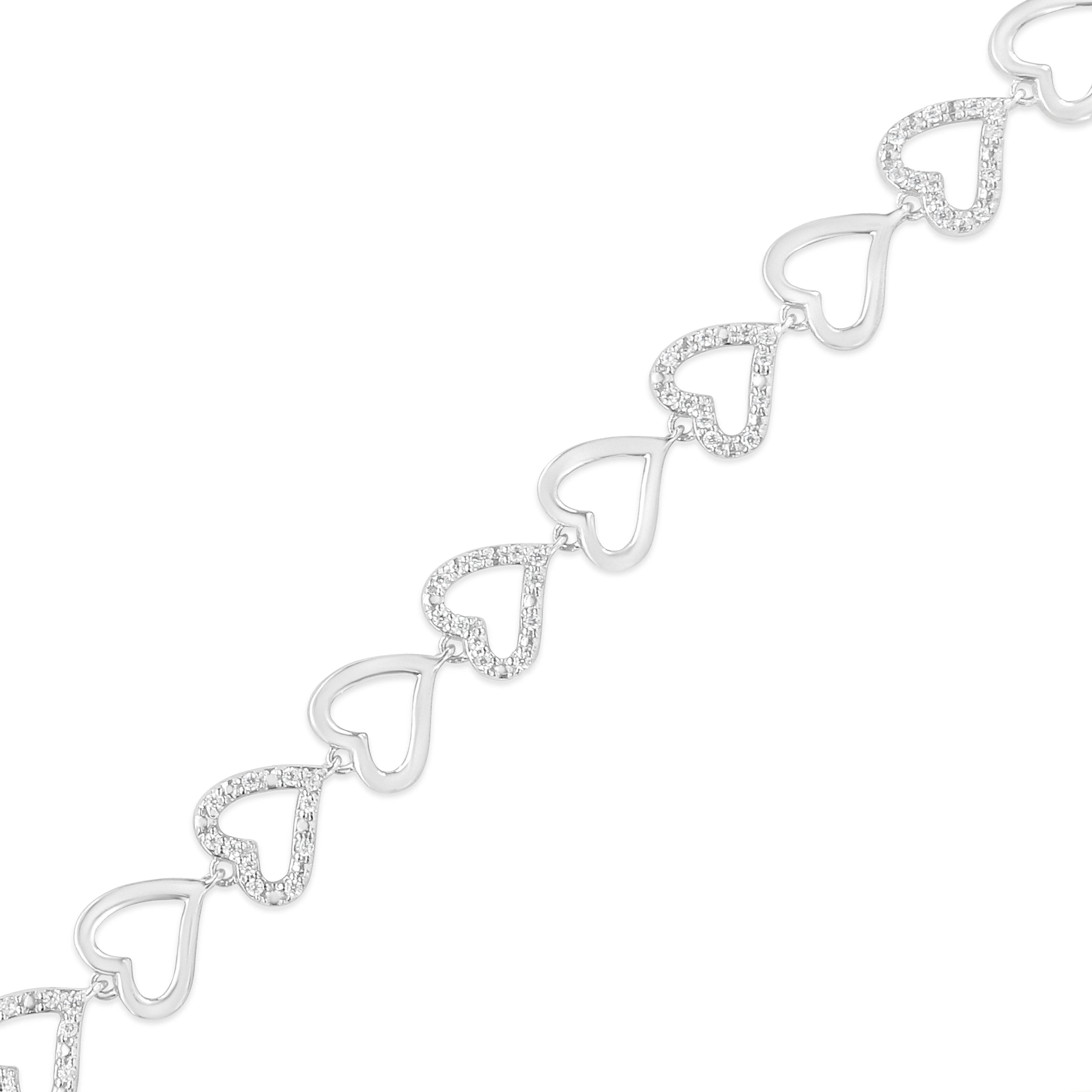 .925 Sterling Silver 1/2 Cttw Diamond Alternating Heart Link Bracelet- Size 7.25" Inches