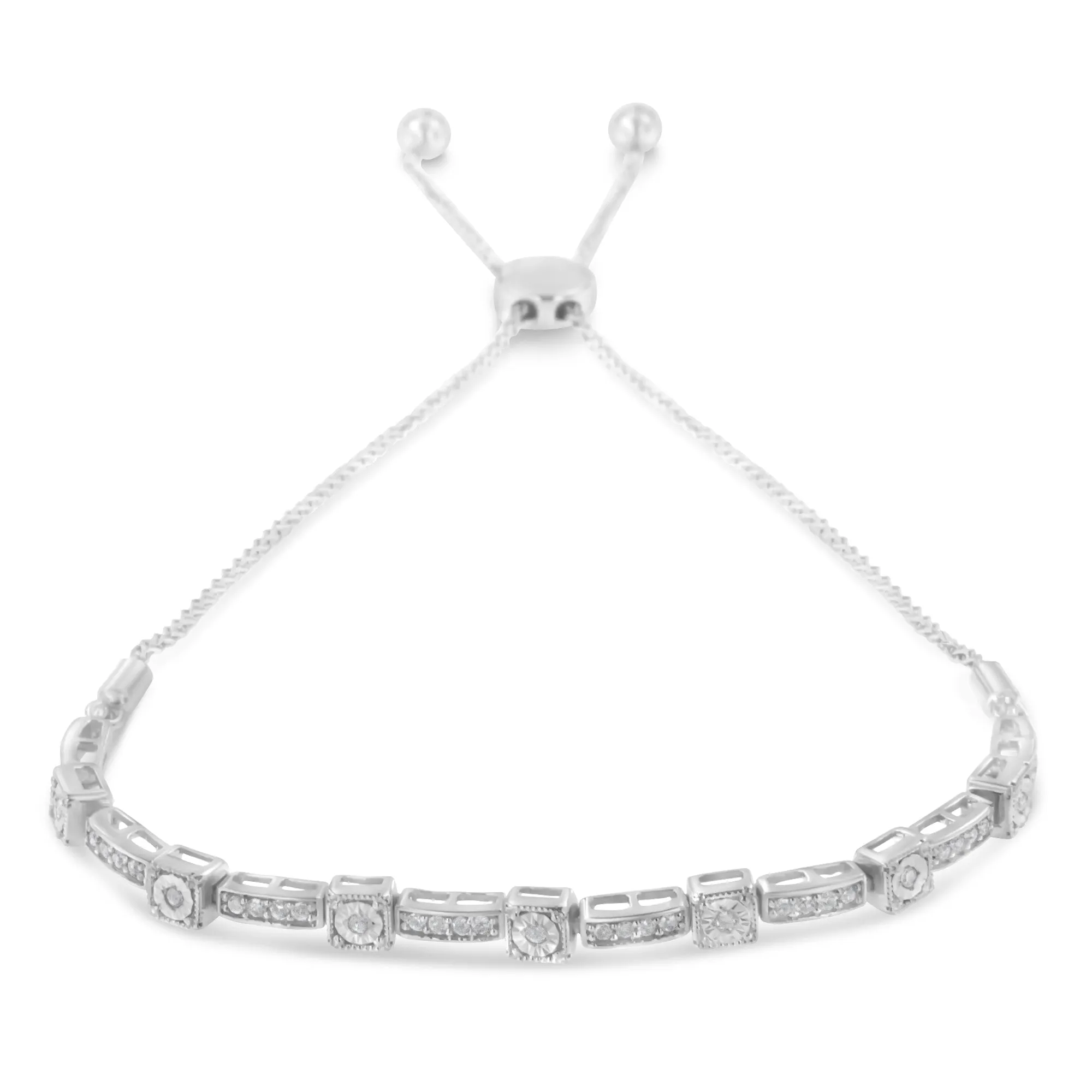 .925 Sterling Silver 1/4 Cttw Diamond Art Deco Milgrain Square Station & Bar Style Adjustable Bolo 6"-9" Bracelet