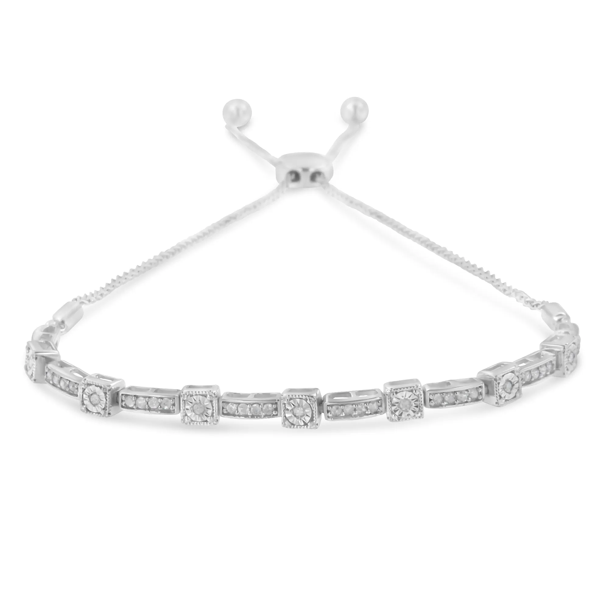 .925 Sterling Silver 1/4 Cttw Diamond Art Deco Milgrain Square Station & Bar Style Adjustable Bolo 6"-9" Bracelet