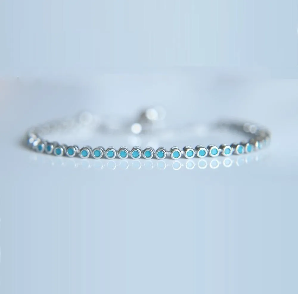 925 Sterling Silver Blue Turquoises Bezel Bracelets Charm Jewelry