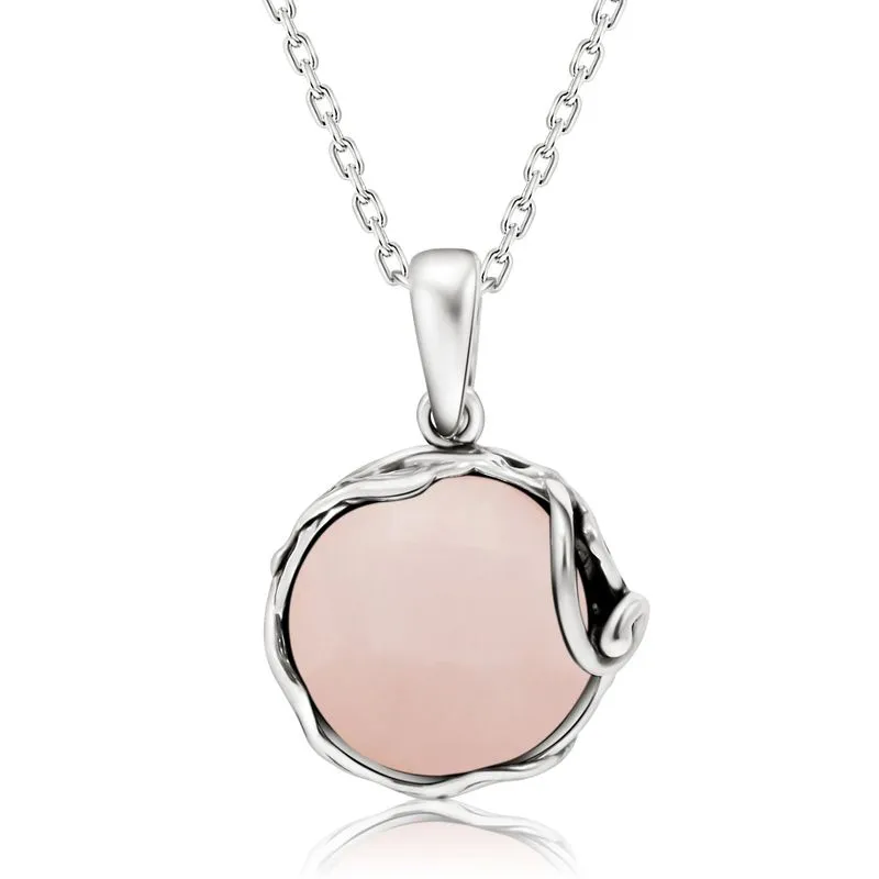 925 Sterling Silver Round Pink Rose Quartz 14mm Pendant