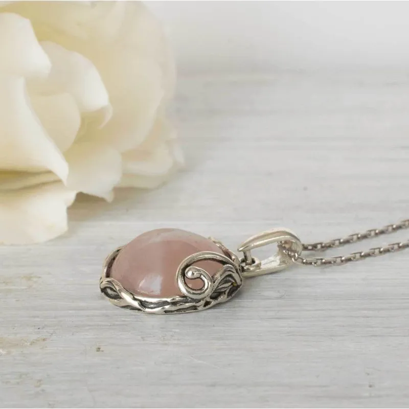 925 Sterling Silver Round Pink Rose Quartz 14mm Pendant