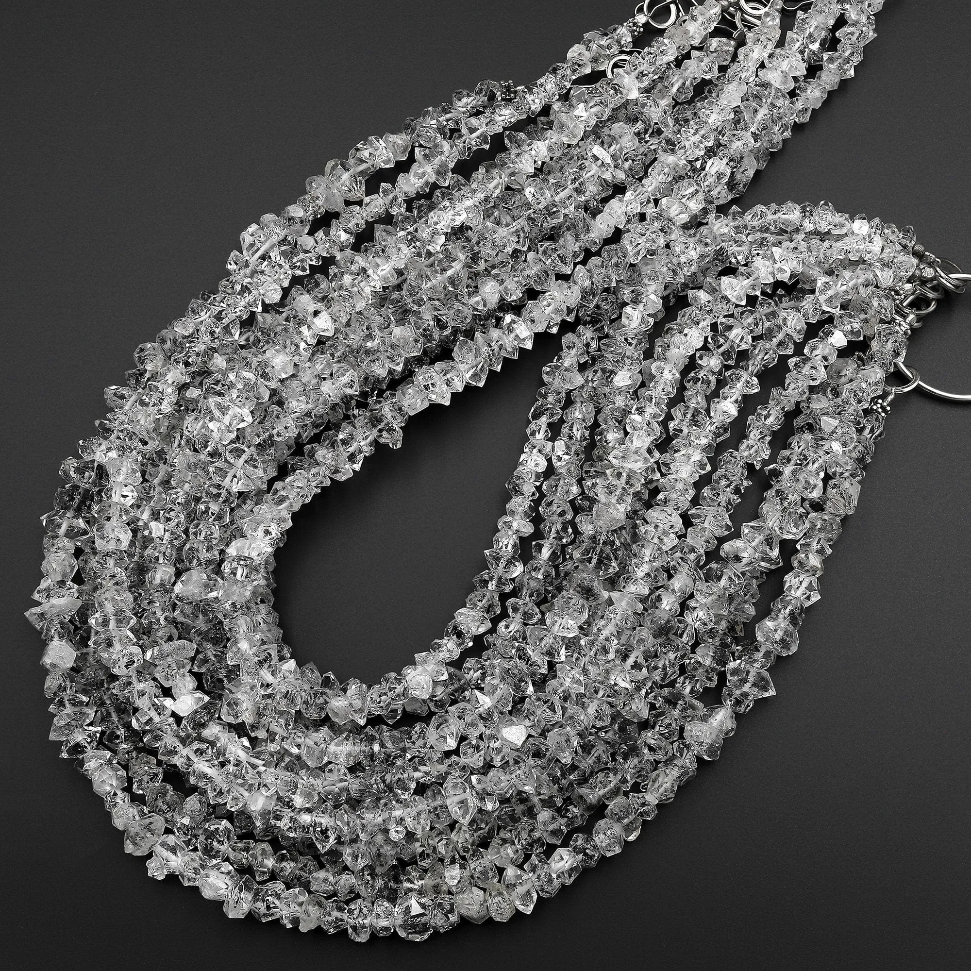 AAA Grade Super Clear Natural Herkimer Double Terminated Diamond Quartz Beads W/ Black Anthraxolite Inclusion 16" Strand