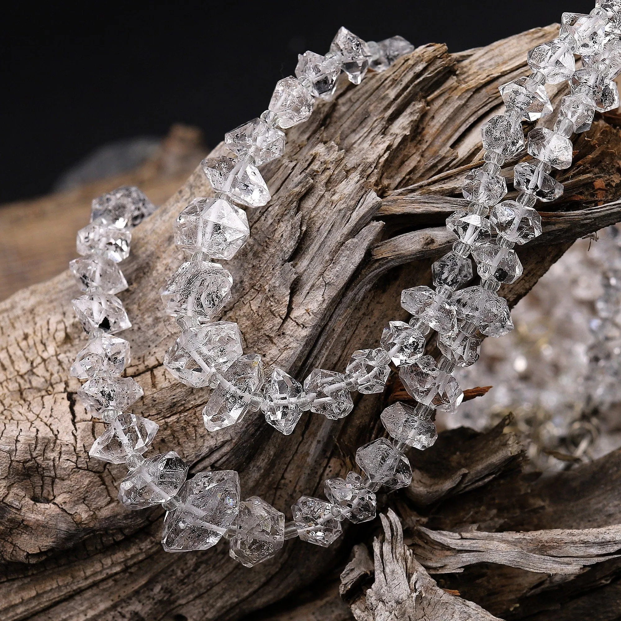 AAA Graduated Super Clear Natural Herkimer Double Terminated Diamond Quartz Beads W/ Black Anthraxolite Inclusion 18" Strand