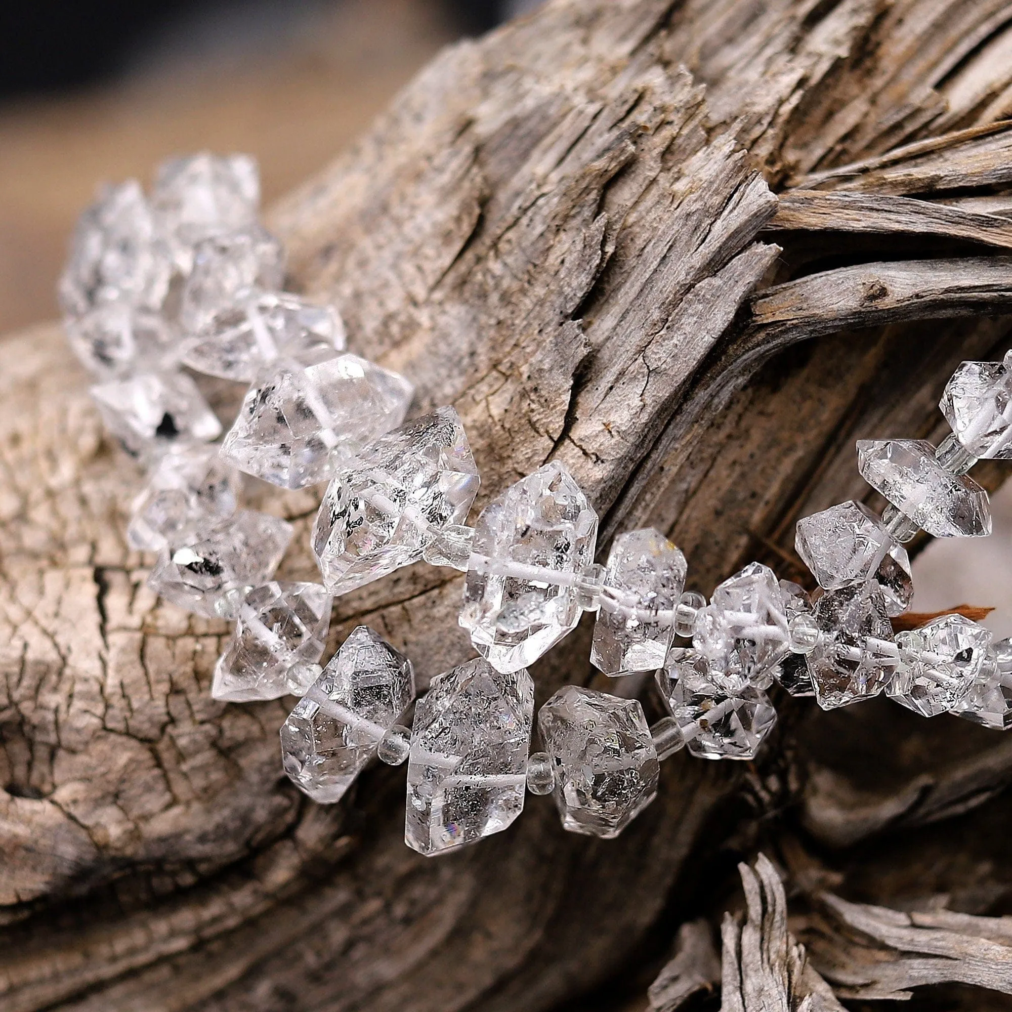 AAA Graduated Super Clear Natural Herkimer Double Terminated Diamond Quartz Beads W/ Black Anthraxolite Inclusion 18" Strand