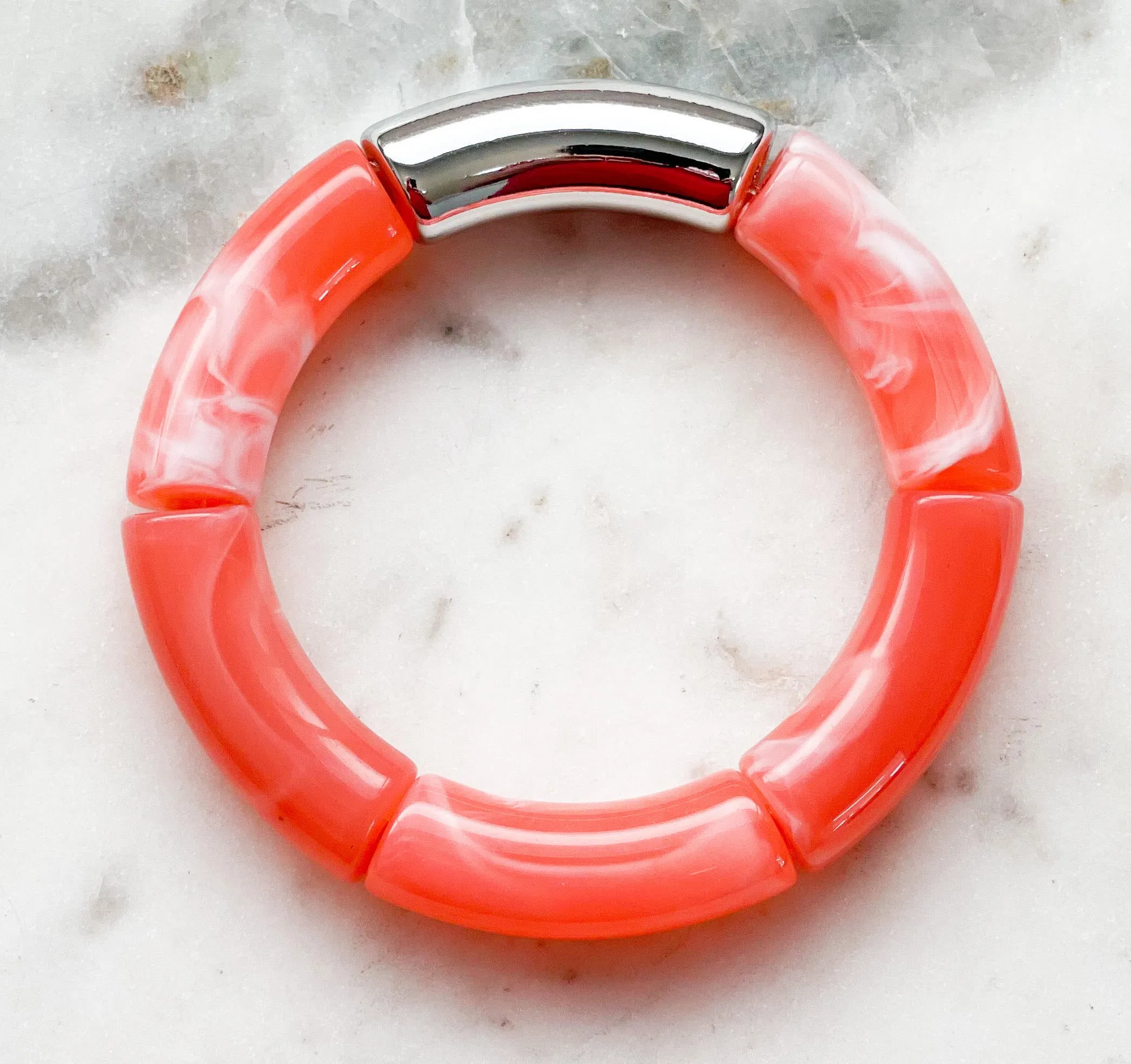 Acrylic Bamboo Bangle Bracelet "Marbled Coral Pink"