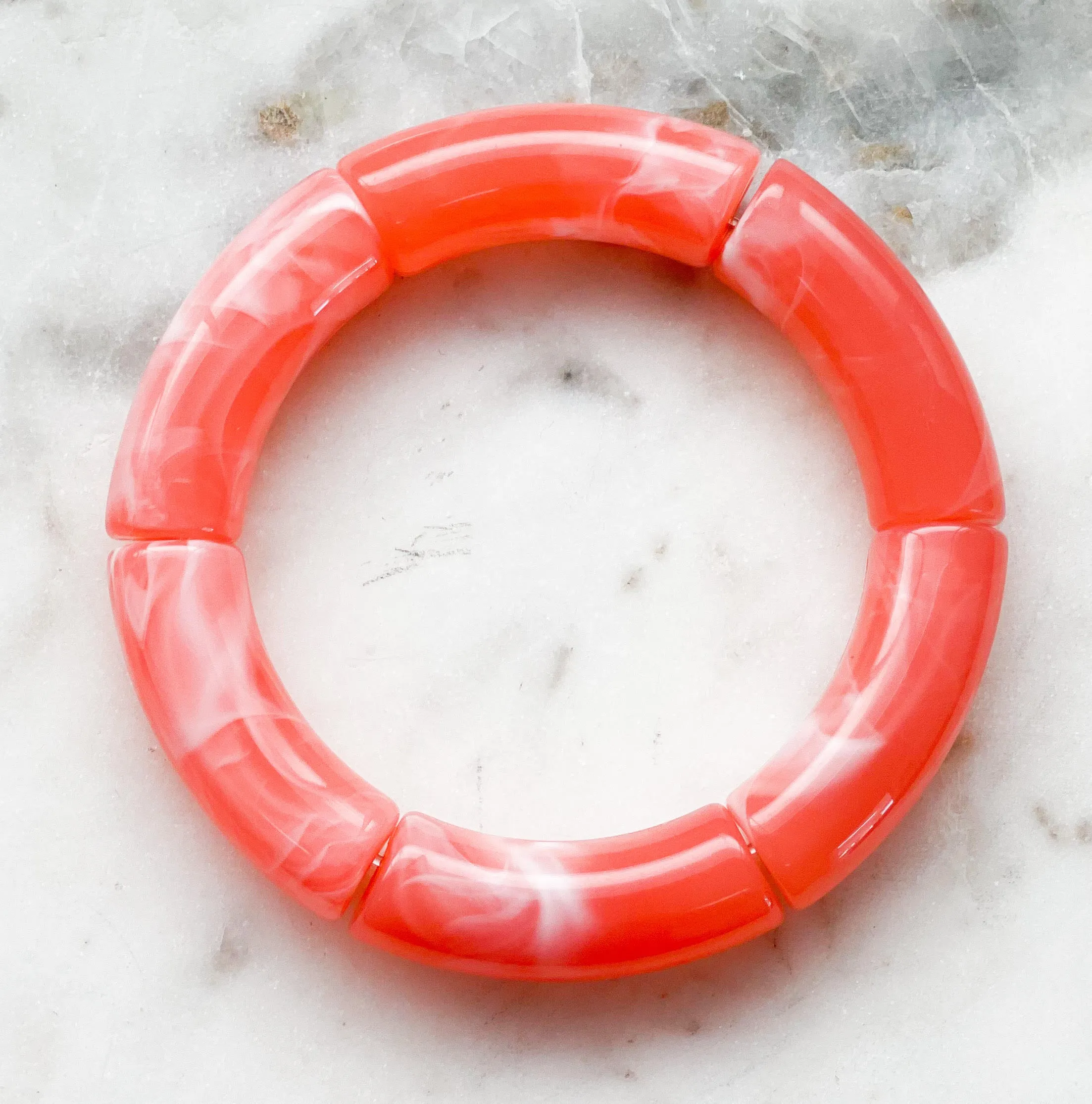 Acrylic Bamboo Bangle Bracelet "Marbled Coral Pink"