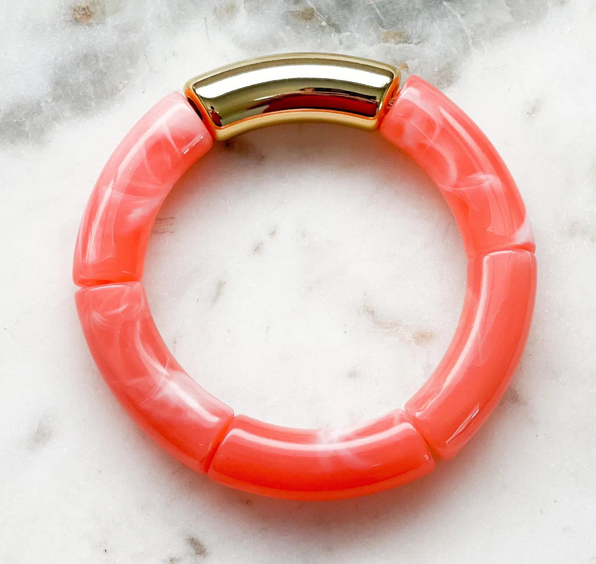 Acrylic Bamboo Bangle Bracelet "Marbled Coral Pink"