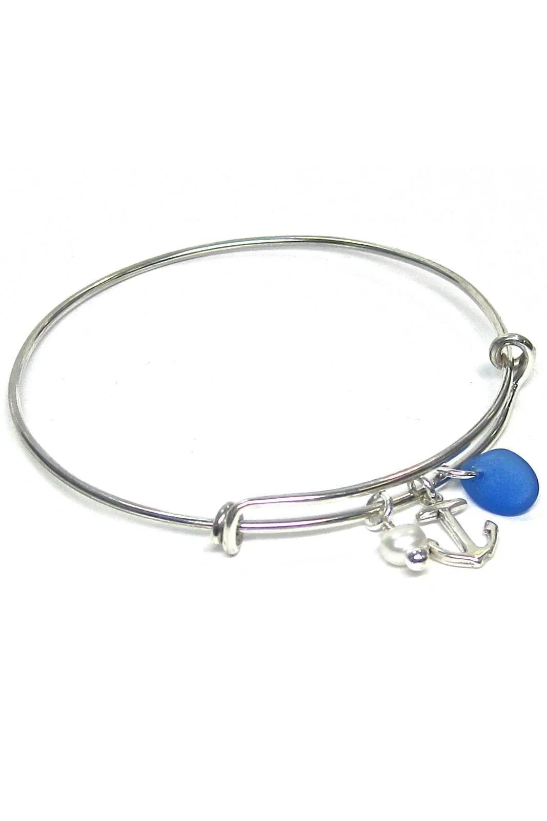 Adjustable Sea Glass Charm Bangle Bracelet with Gift Box