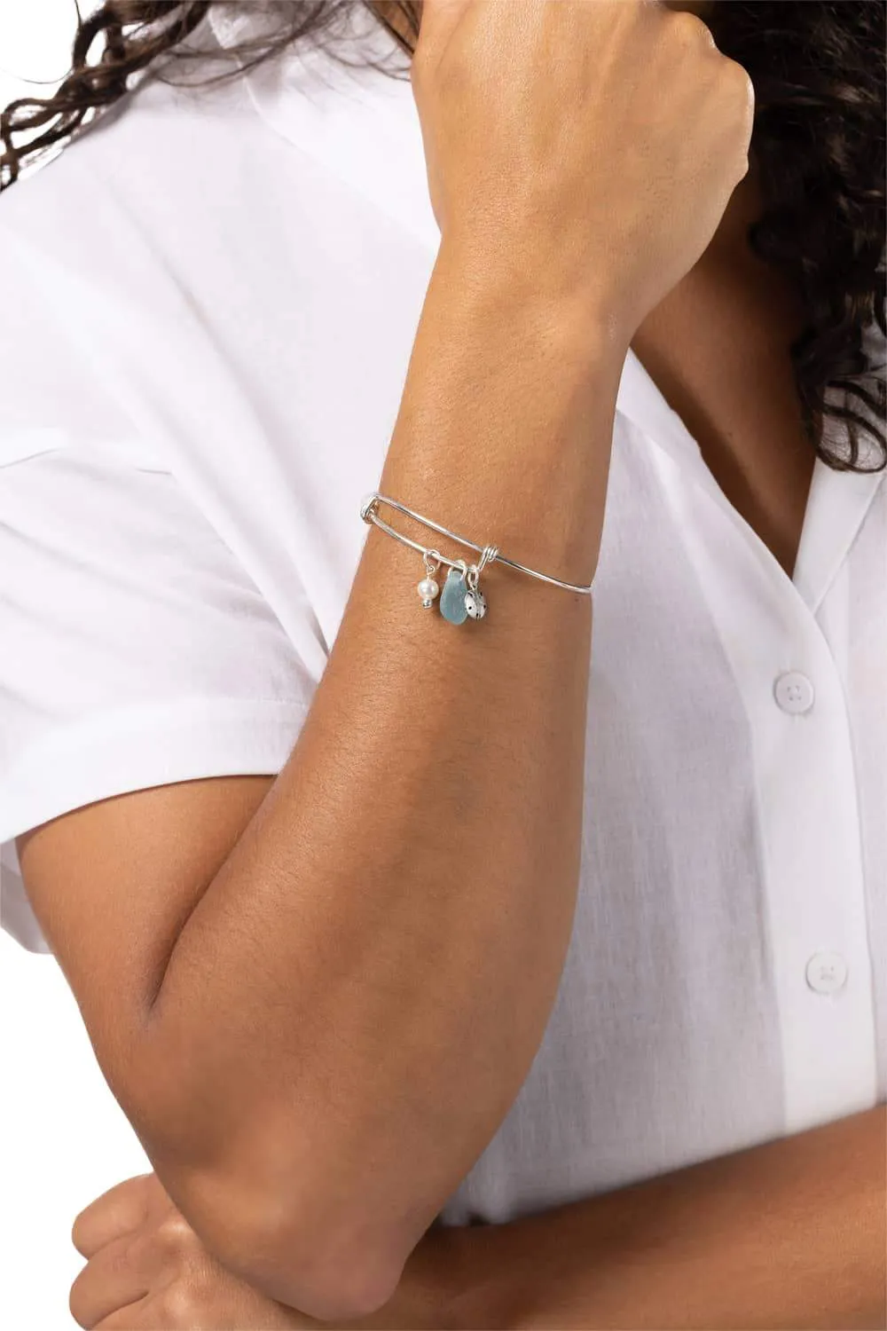 Adjustable Sea Glass Charm Bangle Bracelet with Gift Box