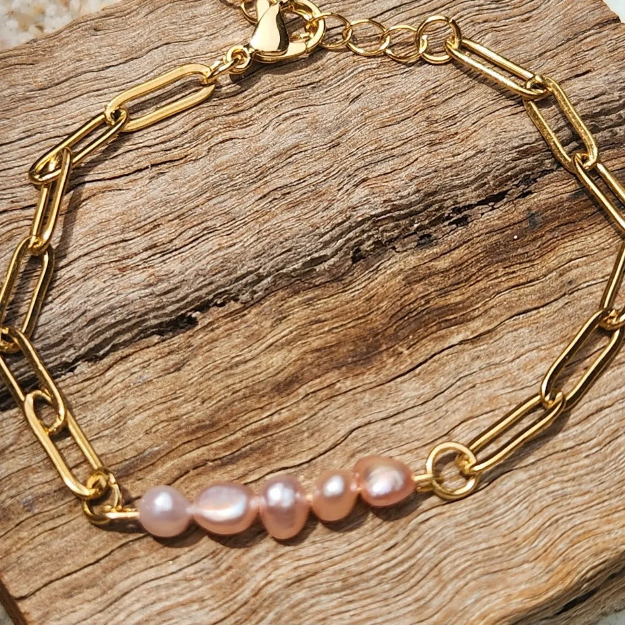 AKOYA PINK PEARL WATERPROOF 18K PAPERCLIP BRACELET