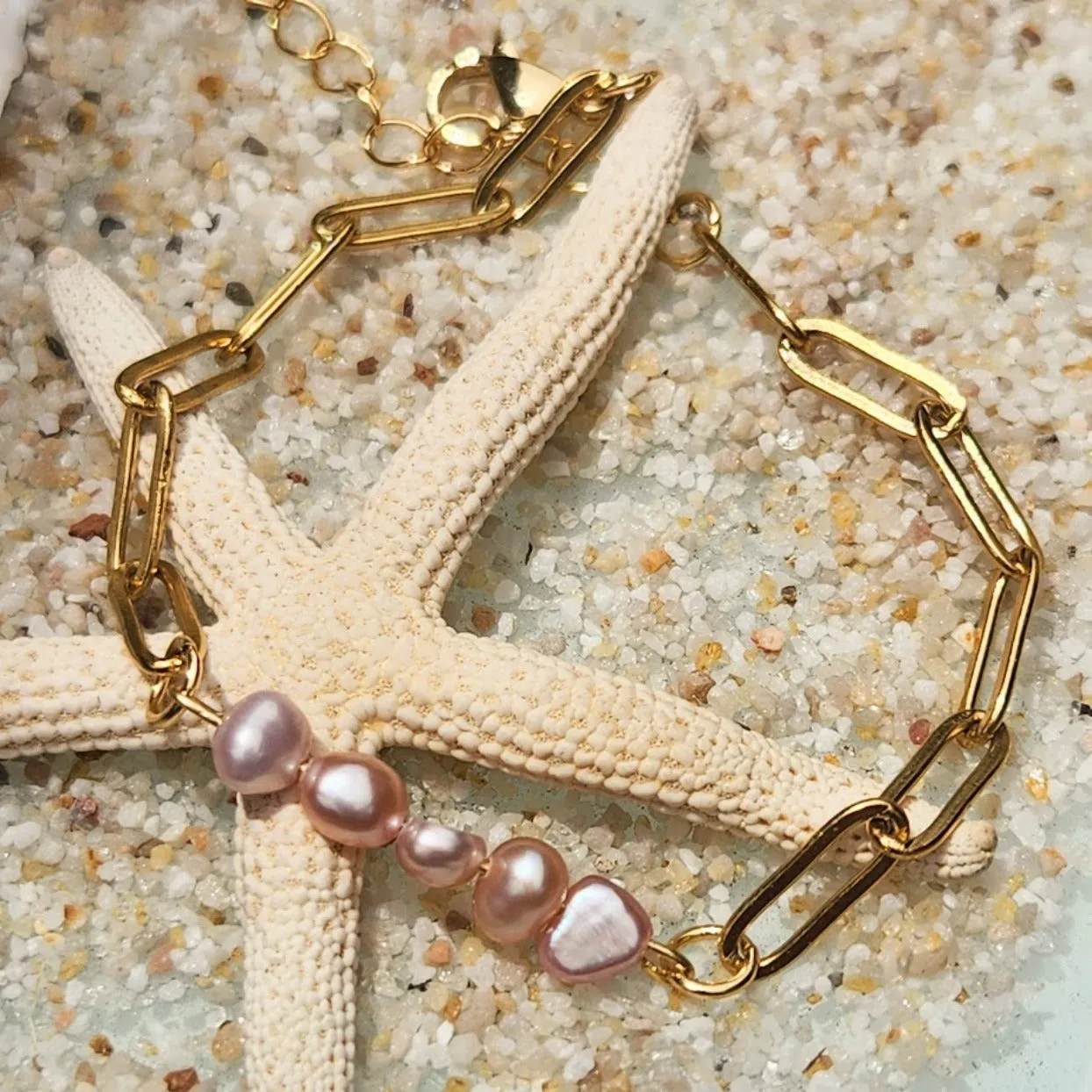 AKOYA PINK PEARL WATERPROOF 18K PAPERCLIP BRACELET