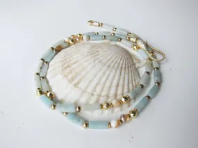 Amazonite and Mother of Pearl Necklace - finished in Gold Platinum CZ Clasp