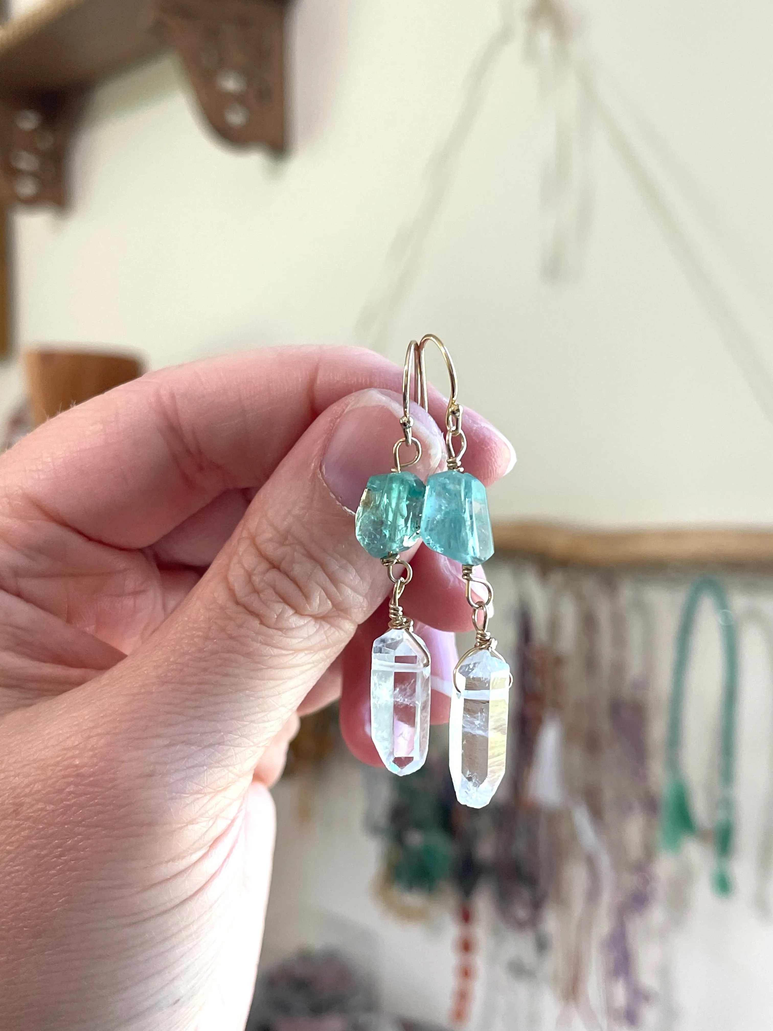 Apatite and Clear Quartz Crystal Earrings on Gold Fill