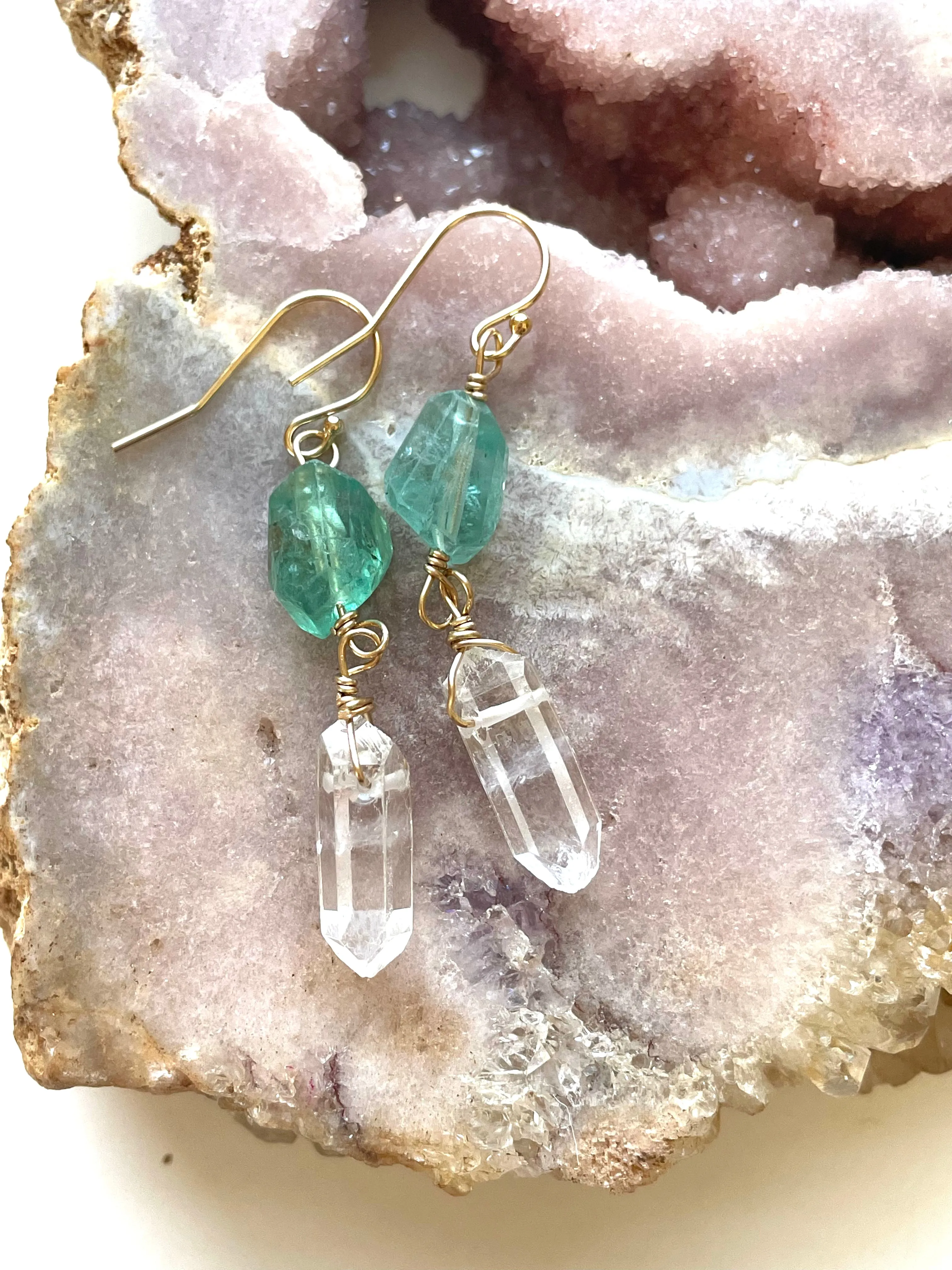 Apatite and Clear Quartz Crystal Earrings on Gold Fill