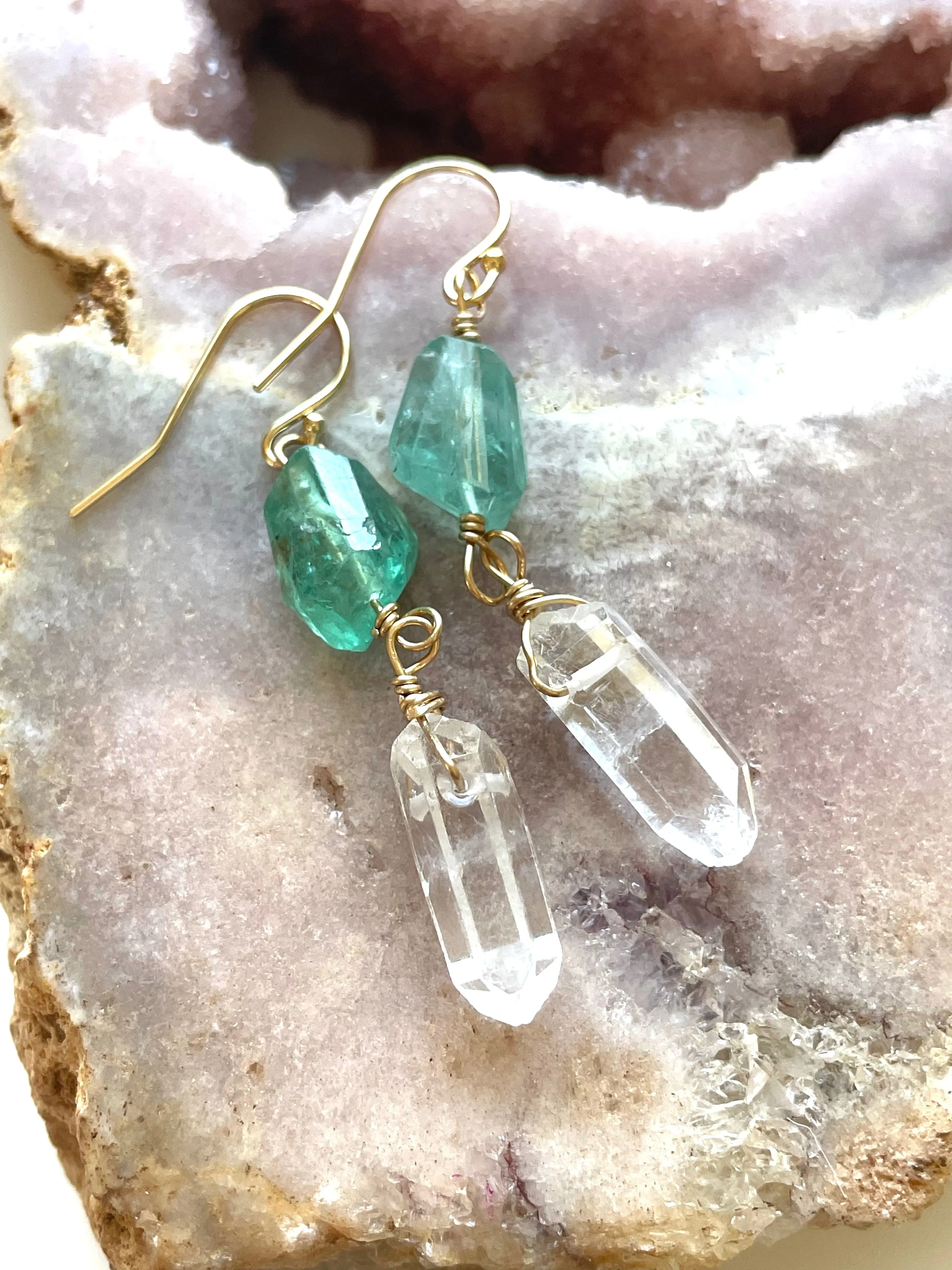 Apatite and Clear Quartz Crystal Earrings on Gold Fill