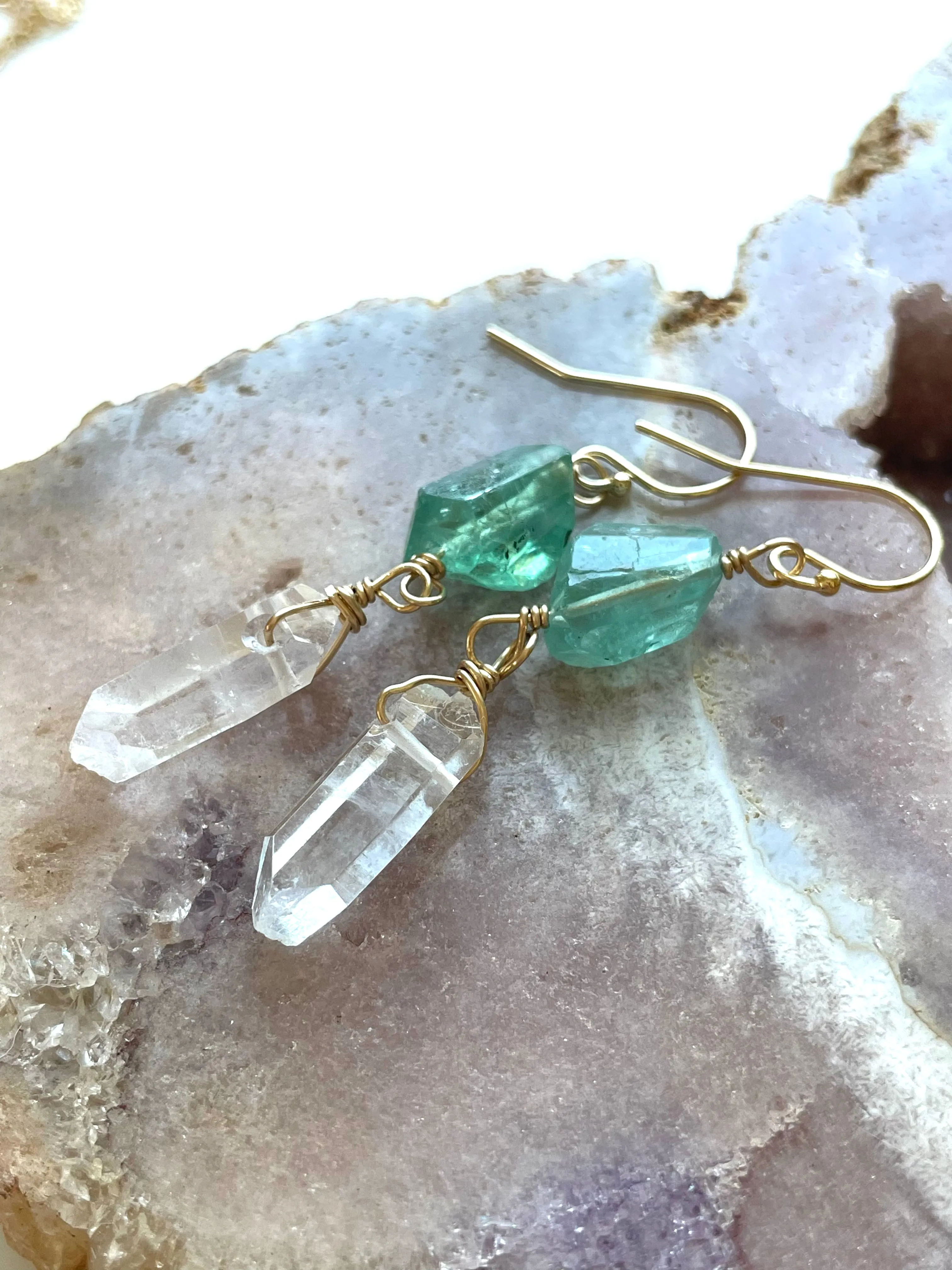 Apatite and Clear Quartz Crystal Earrings on Gold Fill