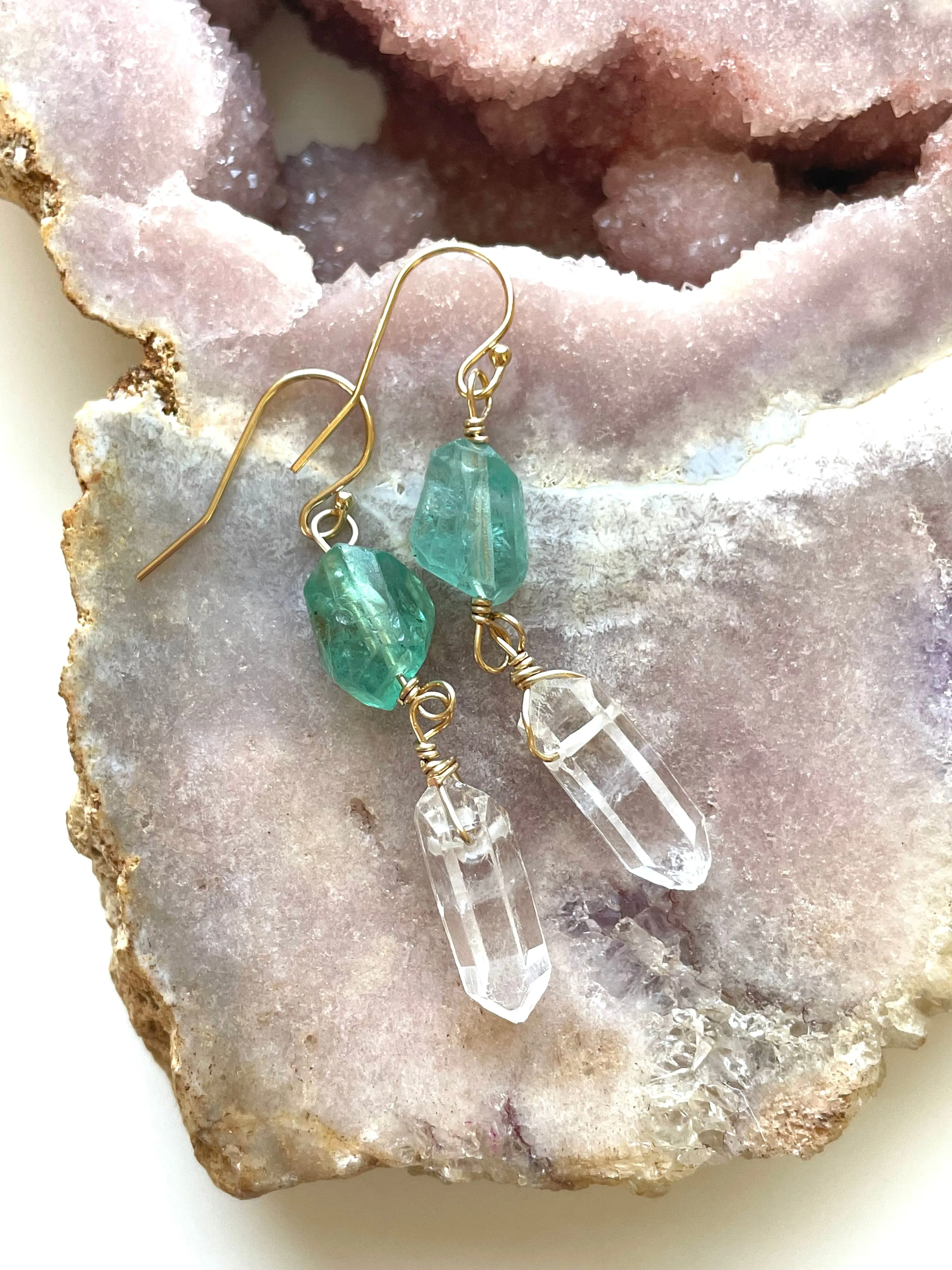 Apatite and Clear Quartz Crystal Earrings on Gold Fill