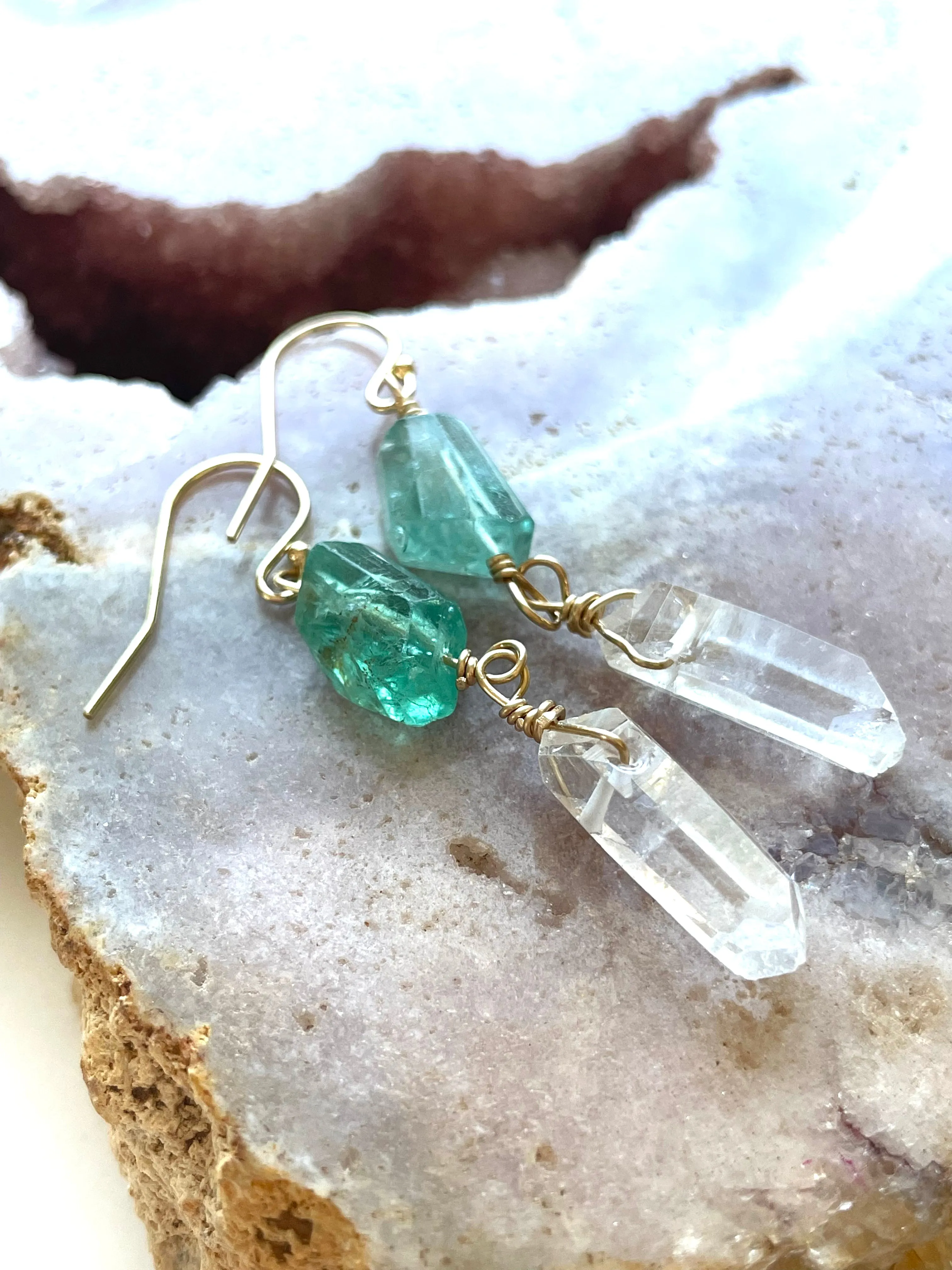 Apatite and Clear Quartz Crystal Earrings on Gold Fill