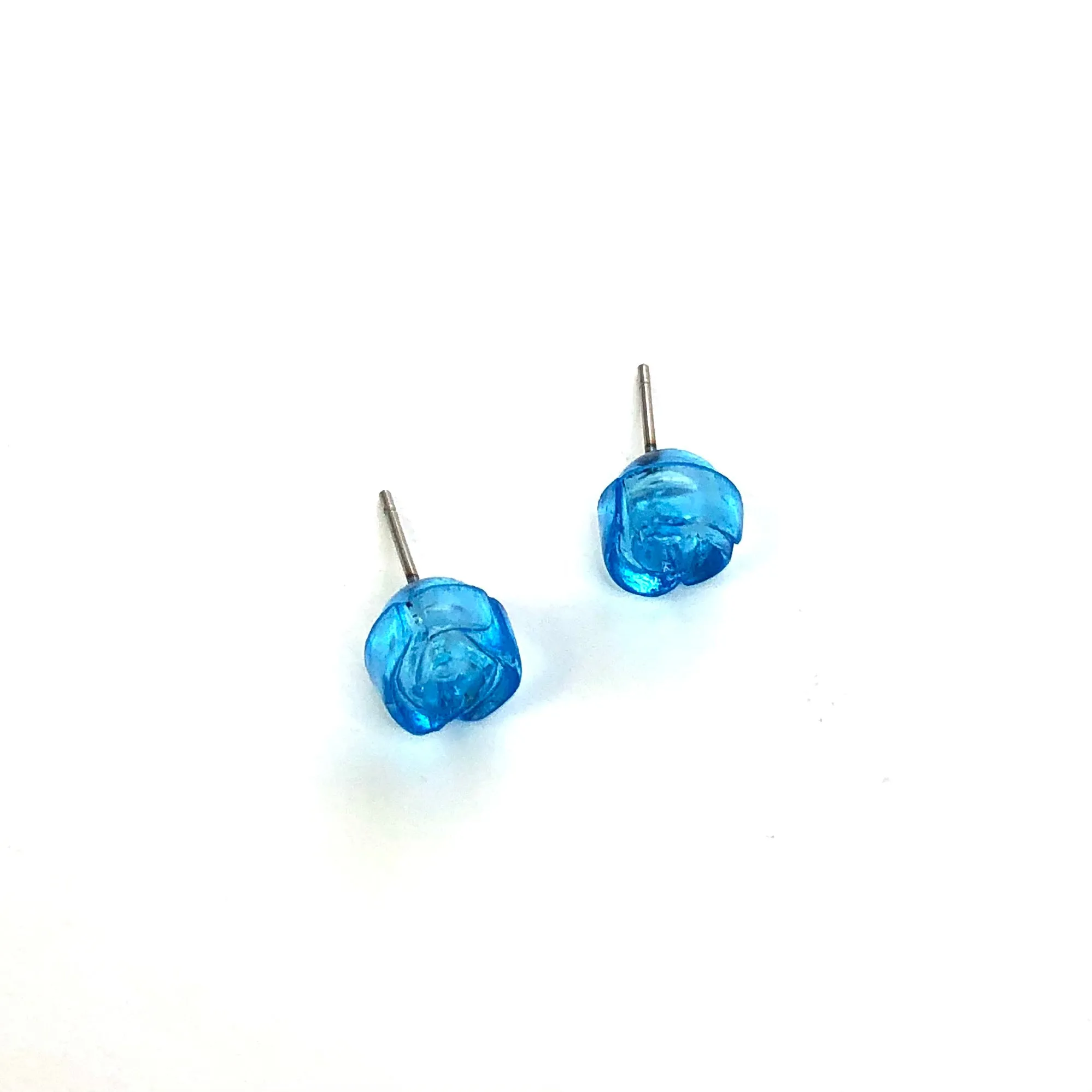 Aqua Blue Carved Lucite Rose Stud Earrings